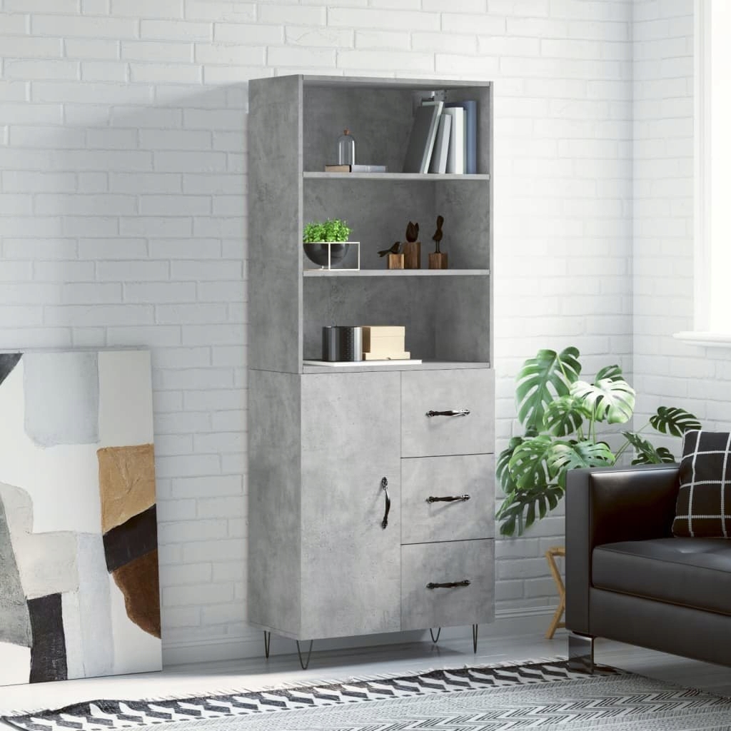 Vitrína, šedá barva betonu 69,5x34x180 cm, materiál na bázi dřeva