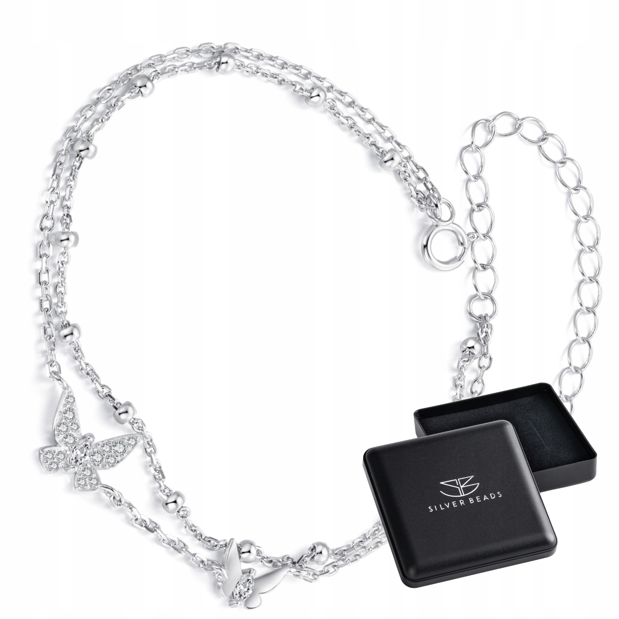 S165 Podwójna srebrna bransoletka z kryształowymi motylami