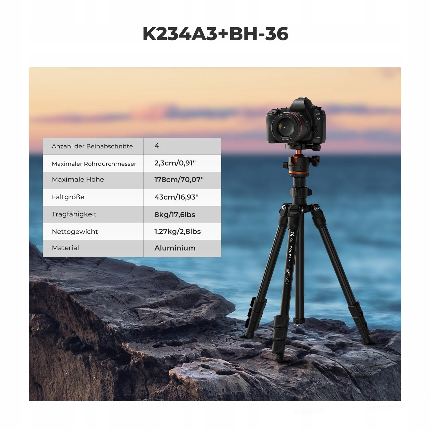 K&F CONCEPT Statyw Aluminiowy 178cm z Uchwyt na Telefon Podróżny Tripod — miniatura 2