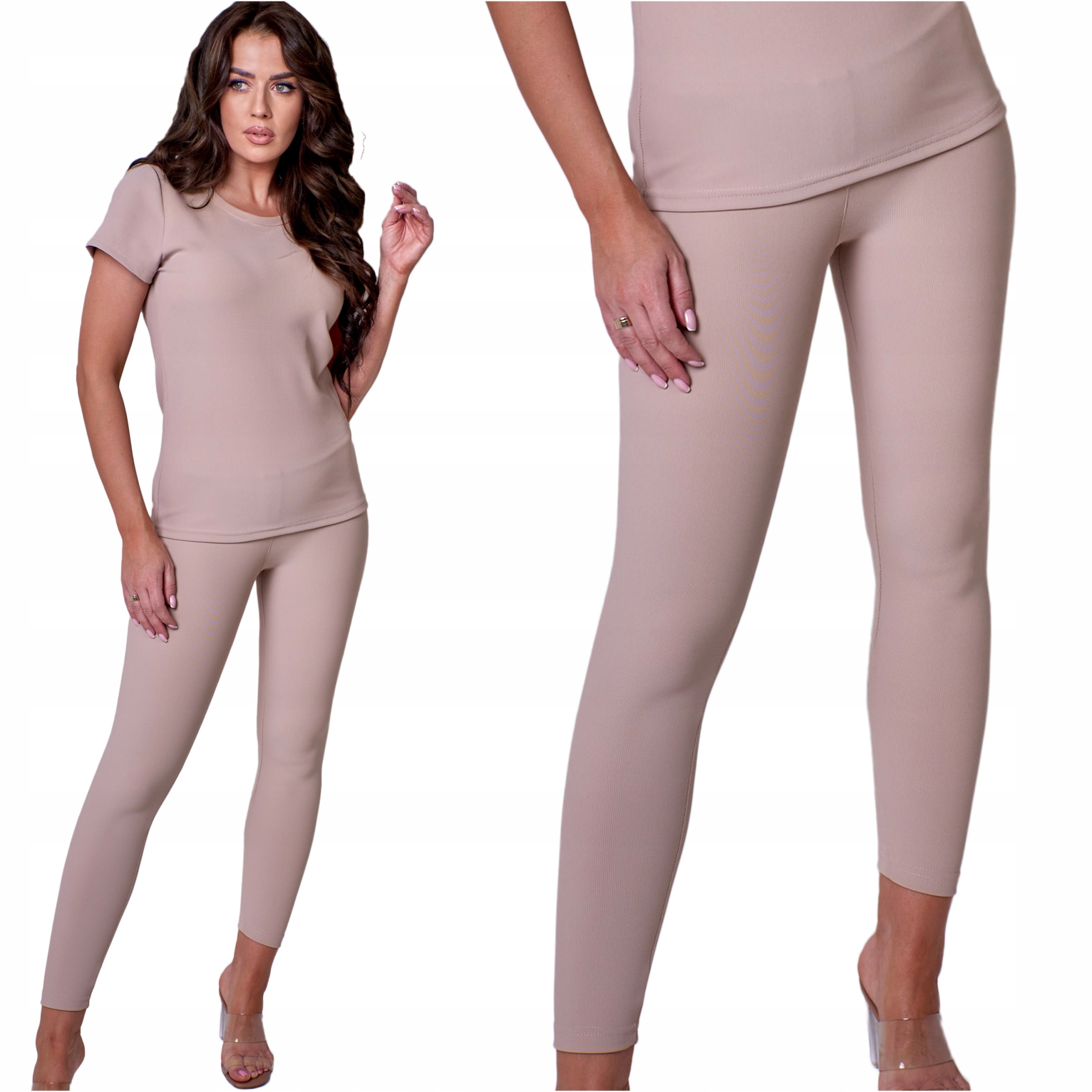 Dámské dlouhé legíny Ribbed Beige vysoký pas Pl XL