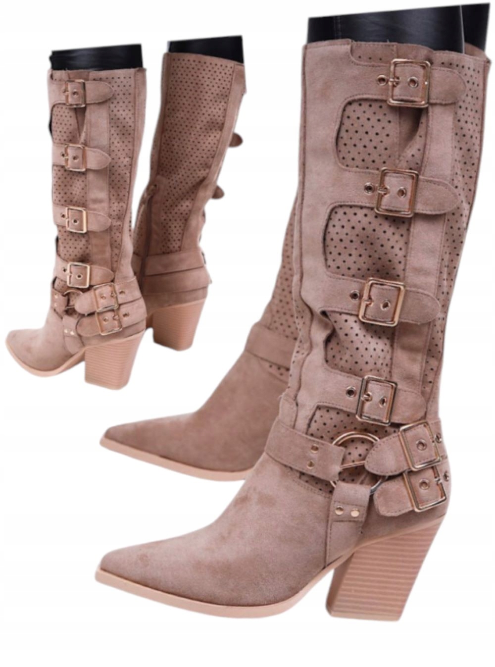 Dámské semišové ažurové kozačky Kovbojské Boty Vysoké kožené podpatky Béžová 39