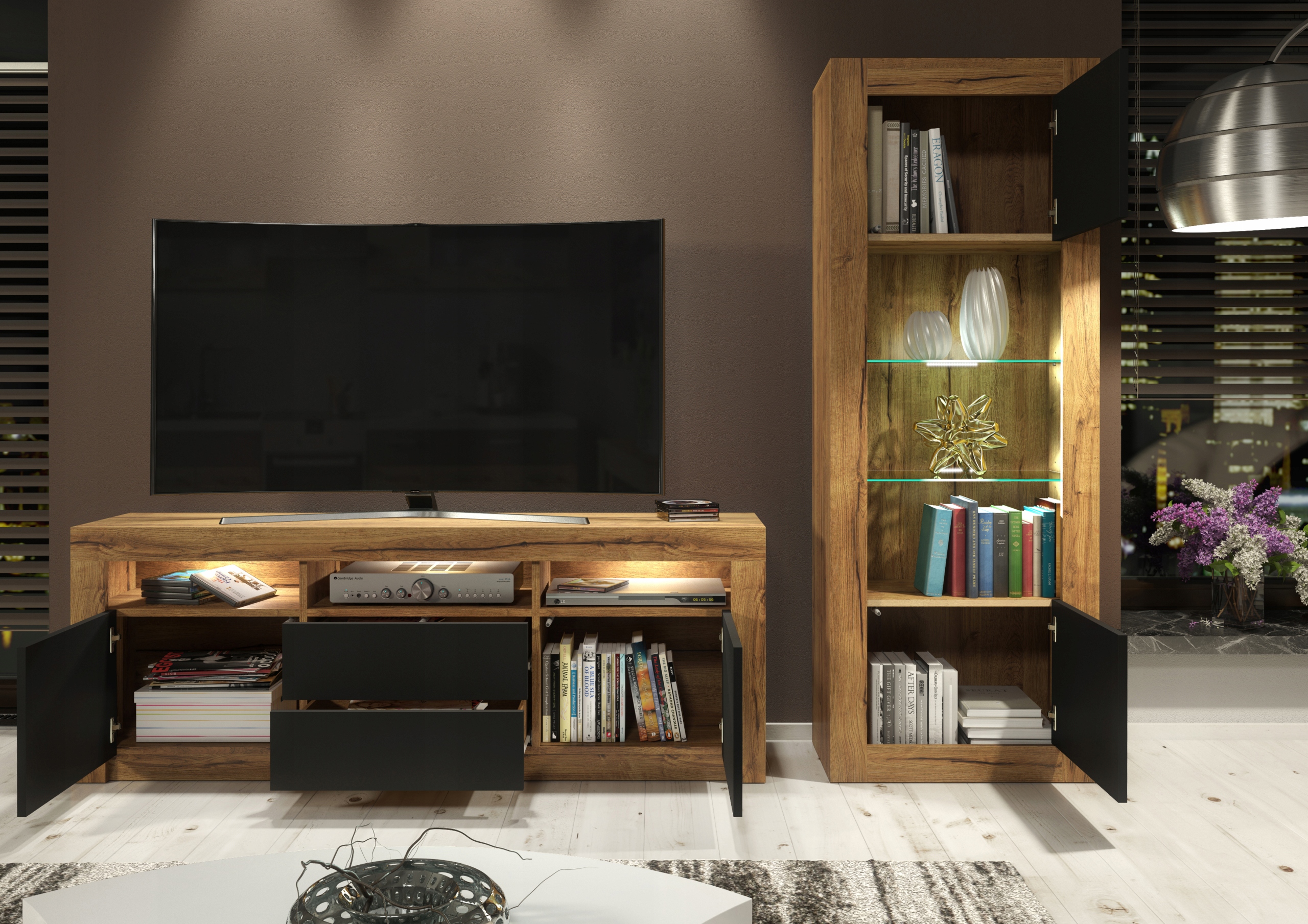 ZESTAW SZAFKA RTV TV WITRYNA RETRO LOFT DĄB/CZARNY Kolor frontów czarny