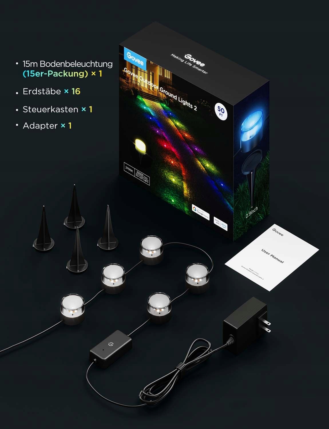 GOVEE Lampki Zewnętrzne Podlogowe IP67 RGBIC Sterowane Aplikacją 15M — miniatura 9