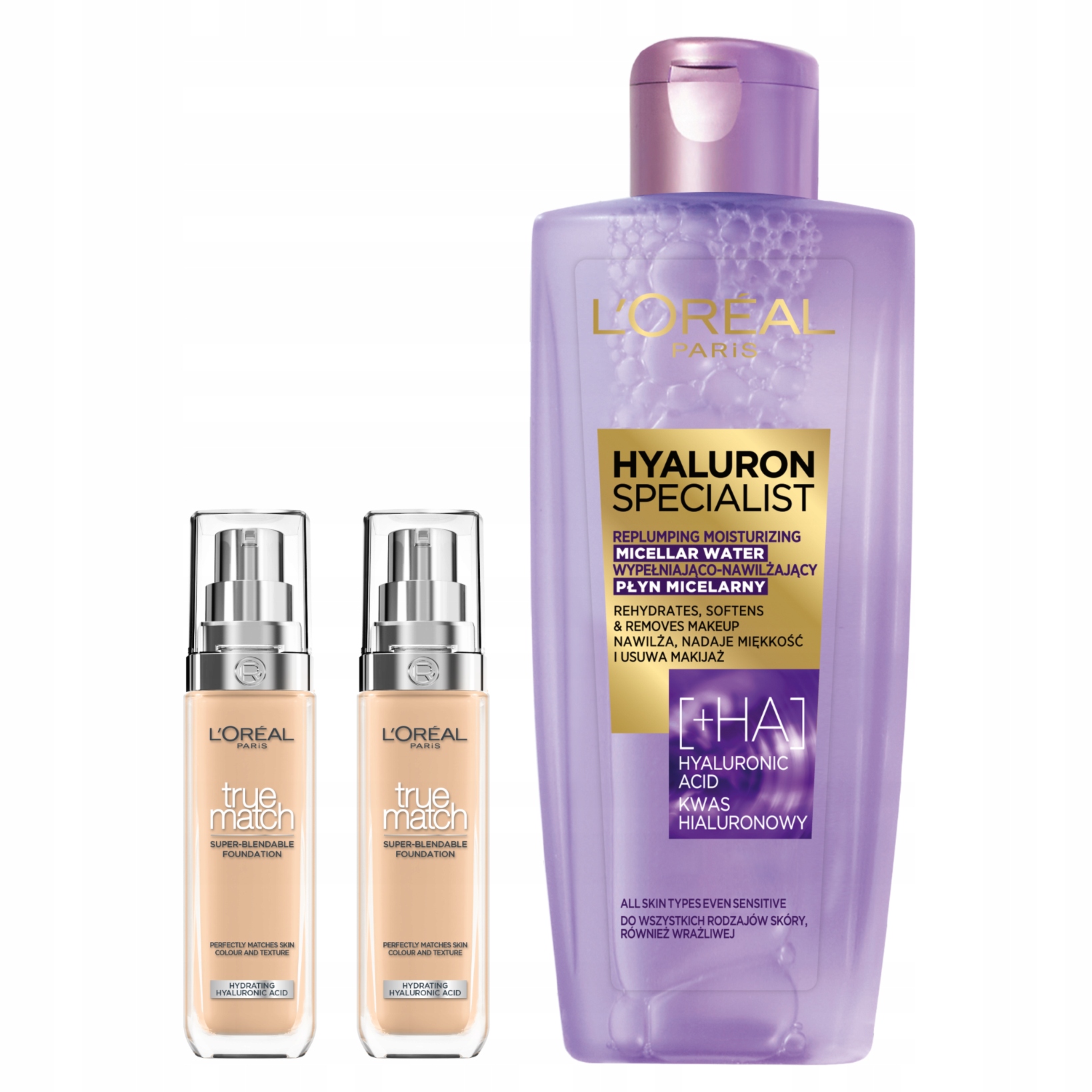 Zestaw 2x L'Oréal True Match Podkład do Twarzy 3N Hyaluron Płyn Micelarny