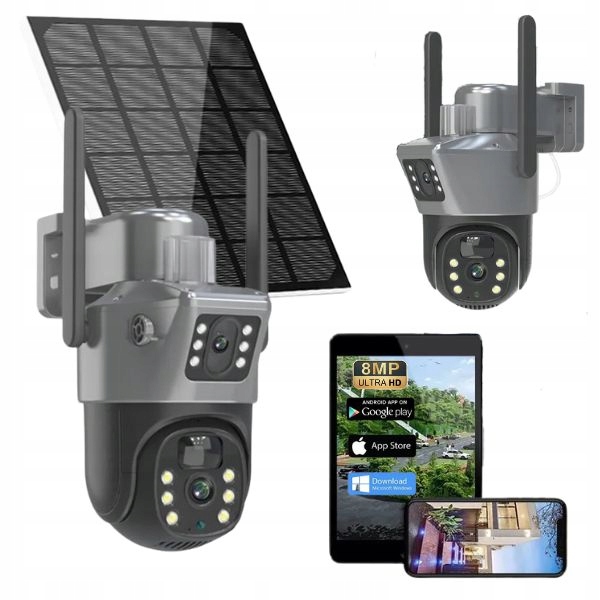 Venkovní solární kamera 4K Hd Dva objektivy Karta WiFi 8MP