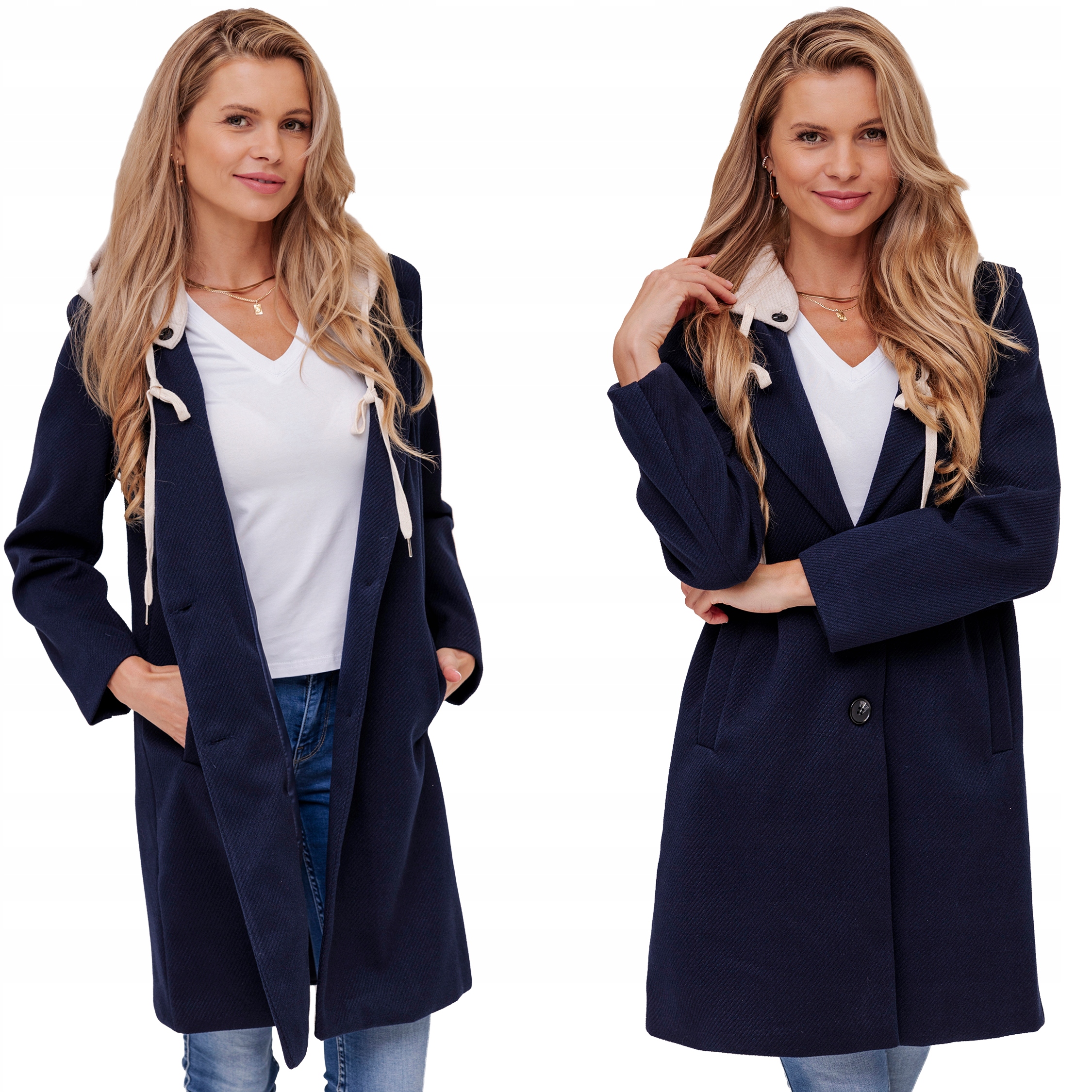 Płaszcz Z Kapturem Na Guziki Przejściowy Włoski Wiosenny Uniwersalny