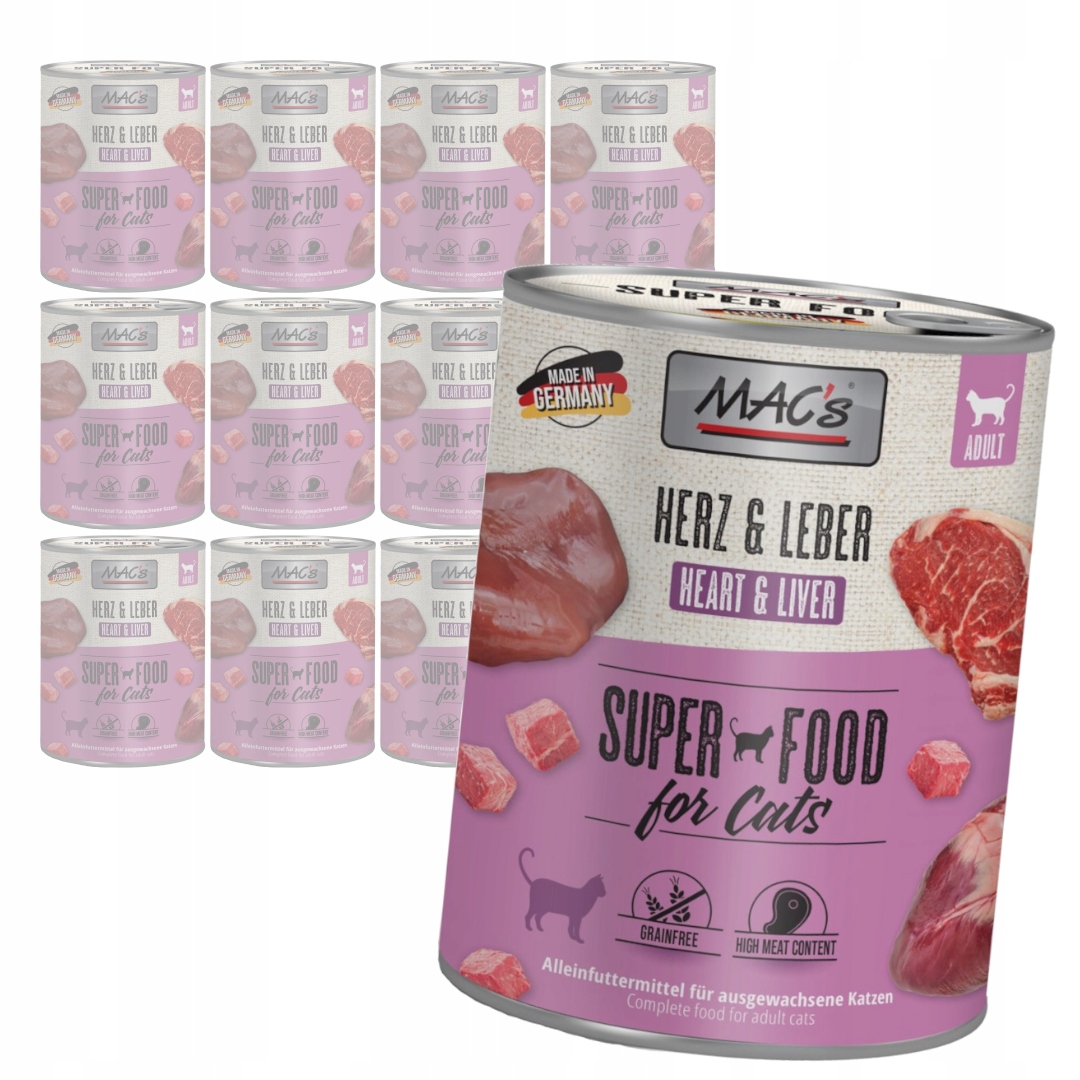 MAC's 12x800g Bezobilné Mokré Krmivo Pro Kočky Hovězí srdce Játra
