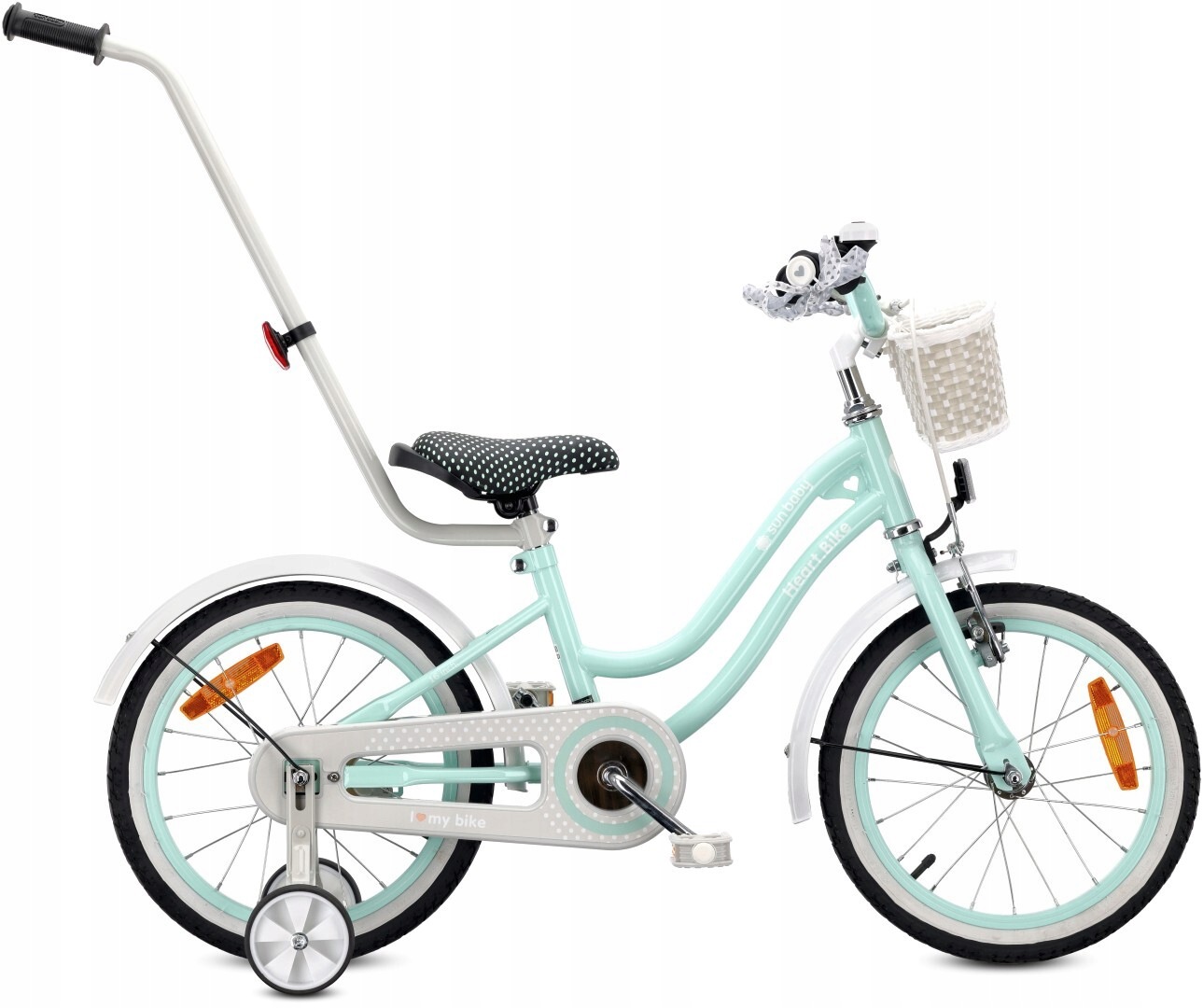 Rower dziecięcy 16 cali Heart Bike miętowy lekki boczne kółka koszyk