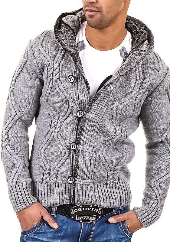 Teplý, Silný Pánský Svetr S Kapucí, Šedý, Rozepínací Kožíšek 3XL