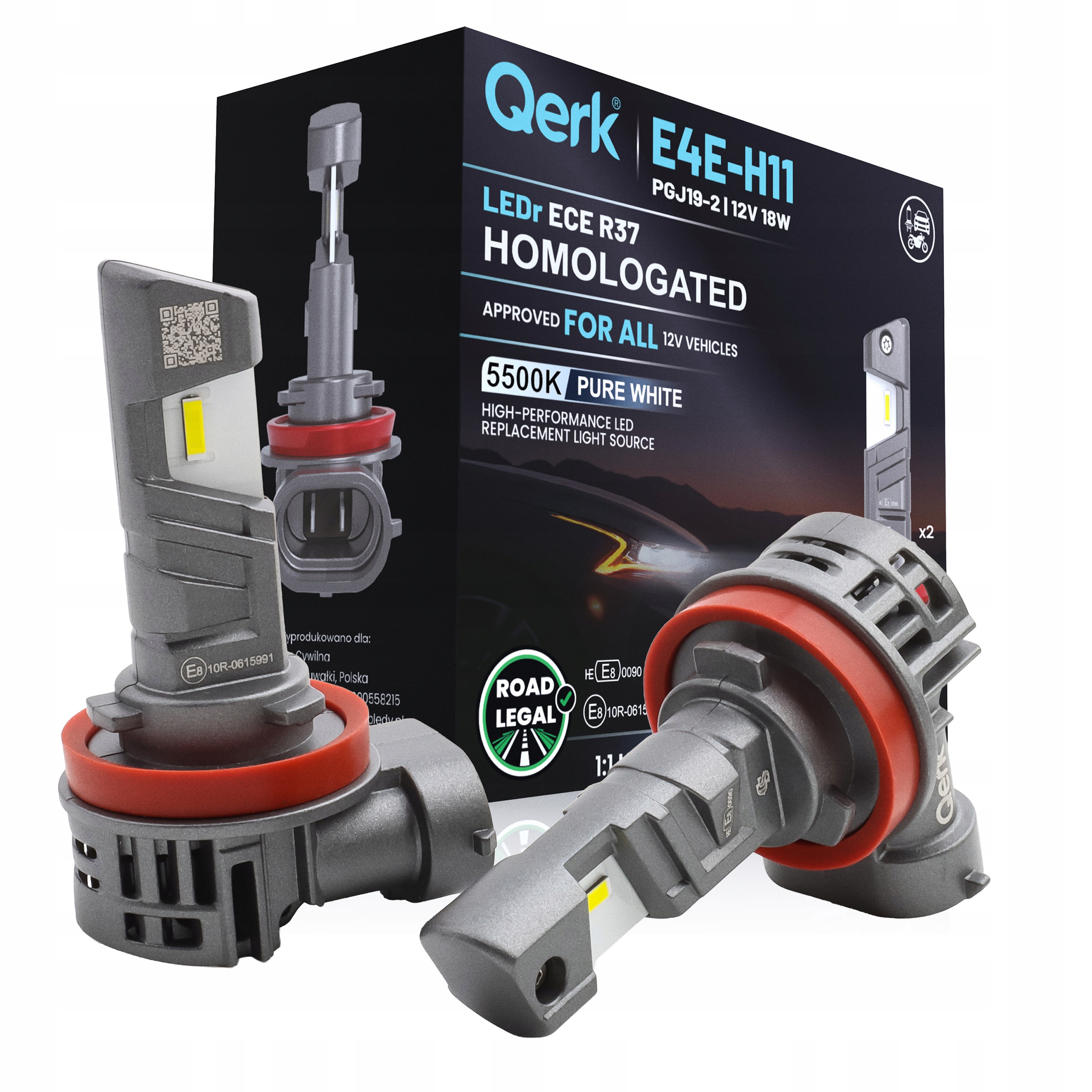 Qerk E4E-H11 LEDr H11 Led Homologacja Drogowa Ece R37 5500K 2700lm 12V 2szt