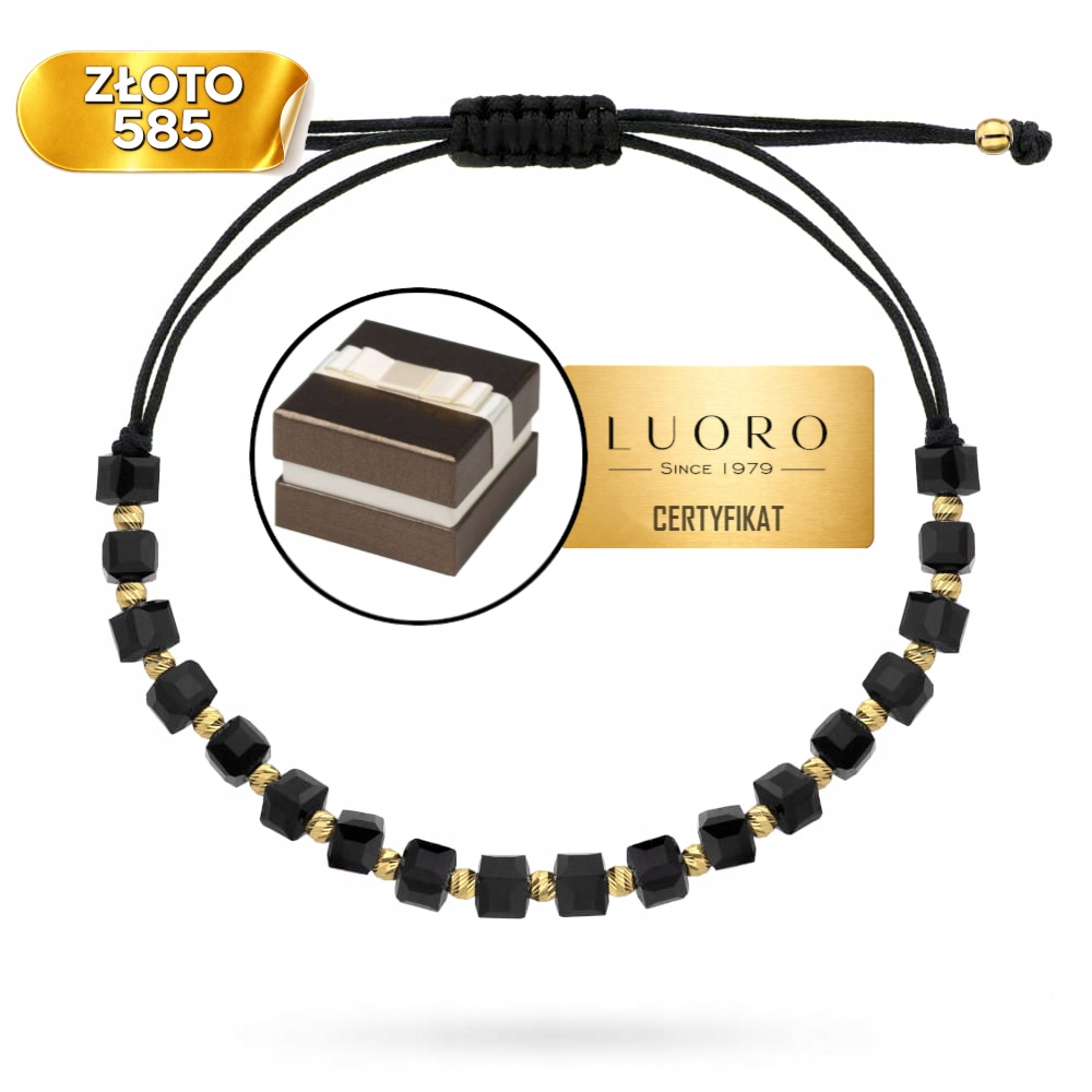 Náramek Zlatý 585 14K Diamantové Kuličky Černé Kameny Nastavitelný 25