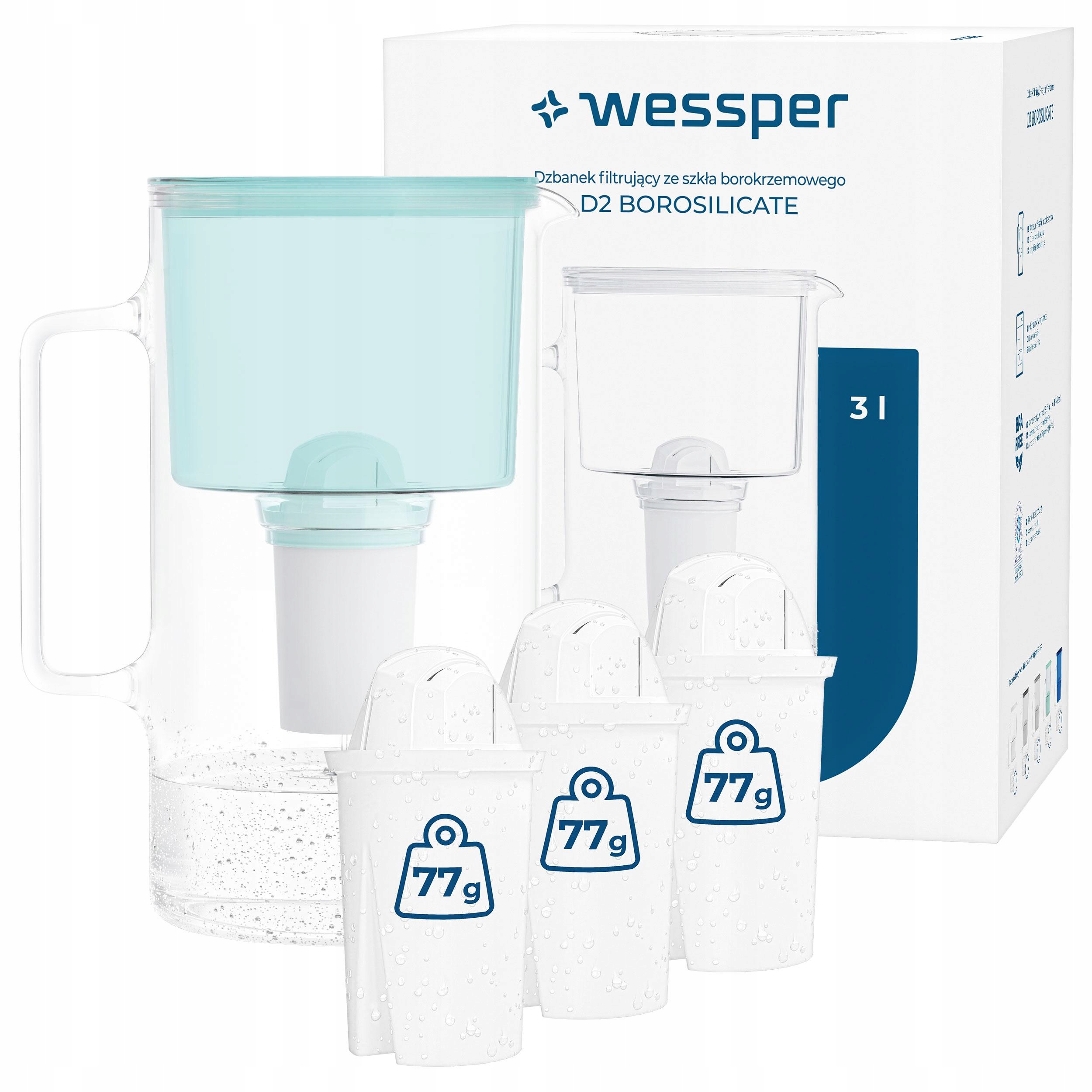Dzbanek szklany filtrujący Wessper D2 Borosilicate 3l miętowy 4x filtr