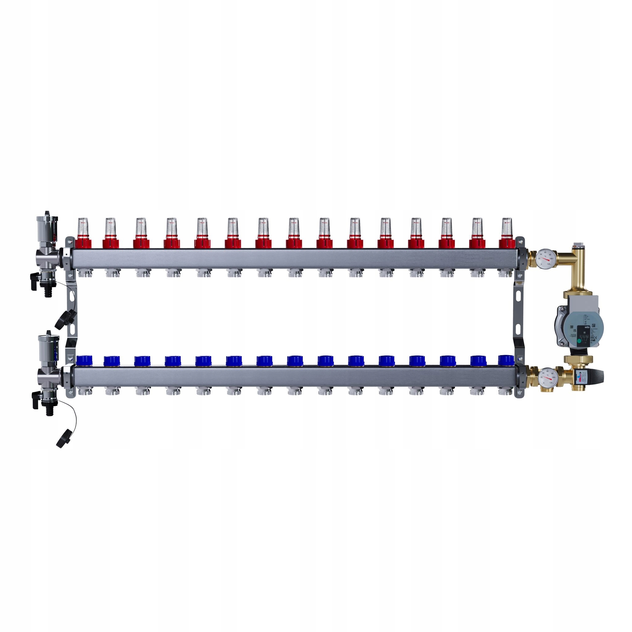 Rozdělovač pro podlahové vytápění 15 okruhů nerezový Čerpadlo Wilo