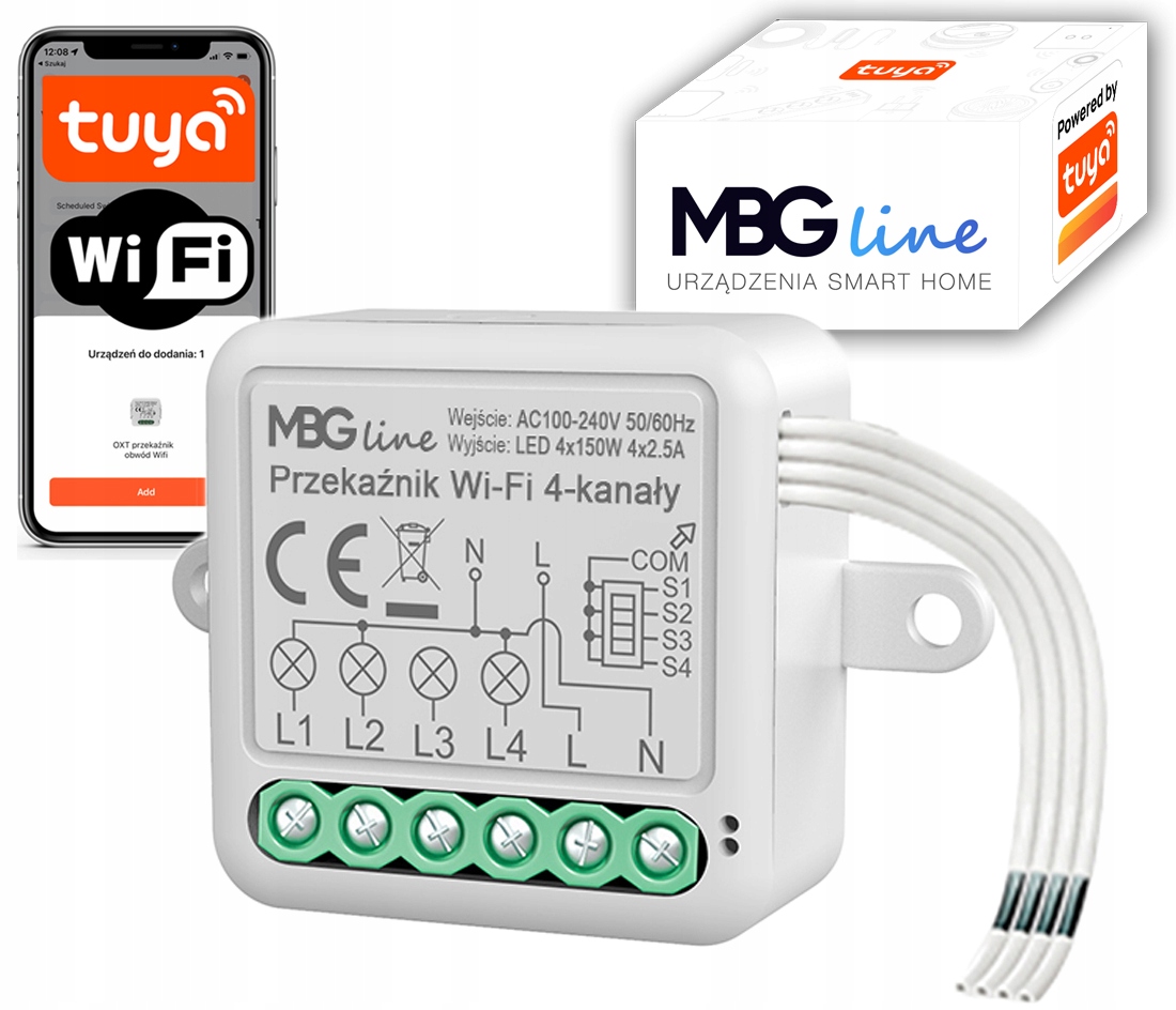 

Przekaźnik Dopuszkowy Włącznik WiFi 4CH Tuya