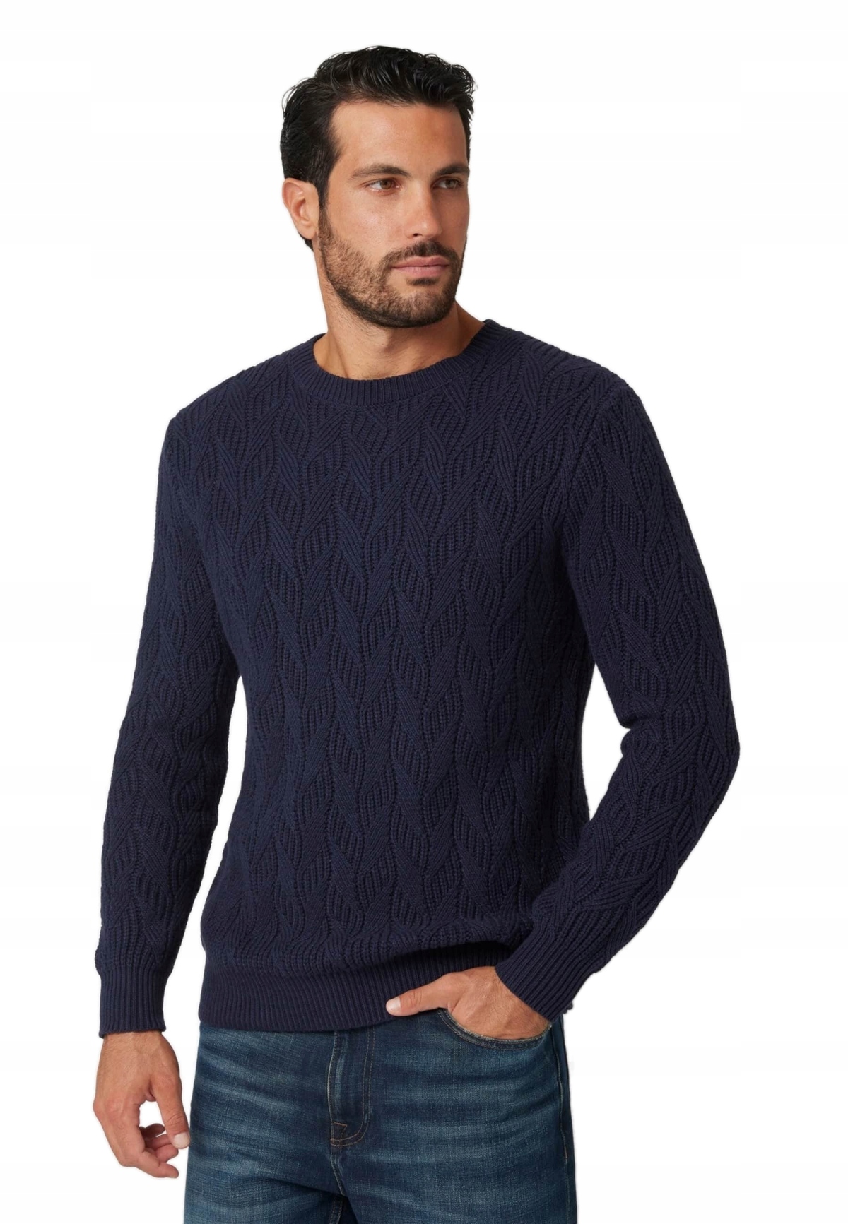 Pánský Bavlněný Vlněný Svetr Tmavě Modrý Teplý Pruhovaný Guess XL