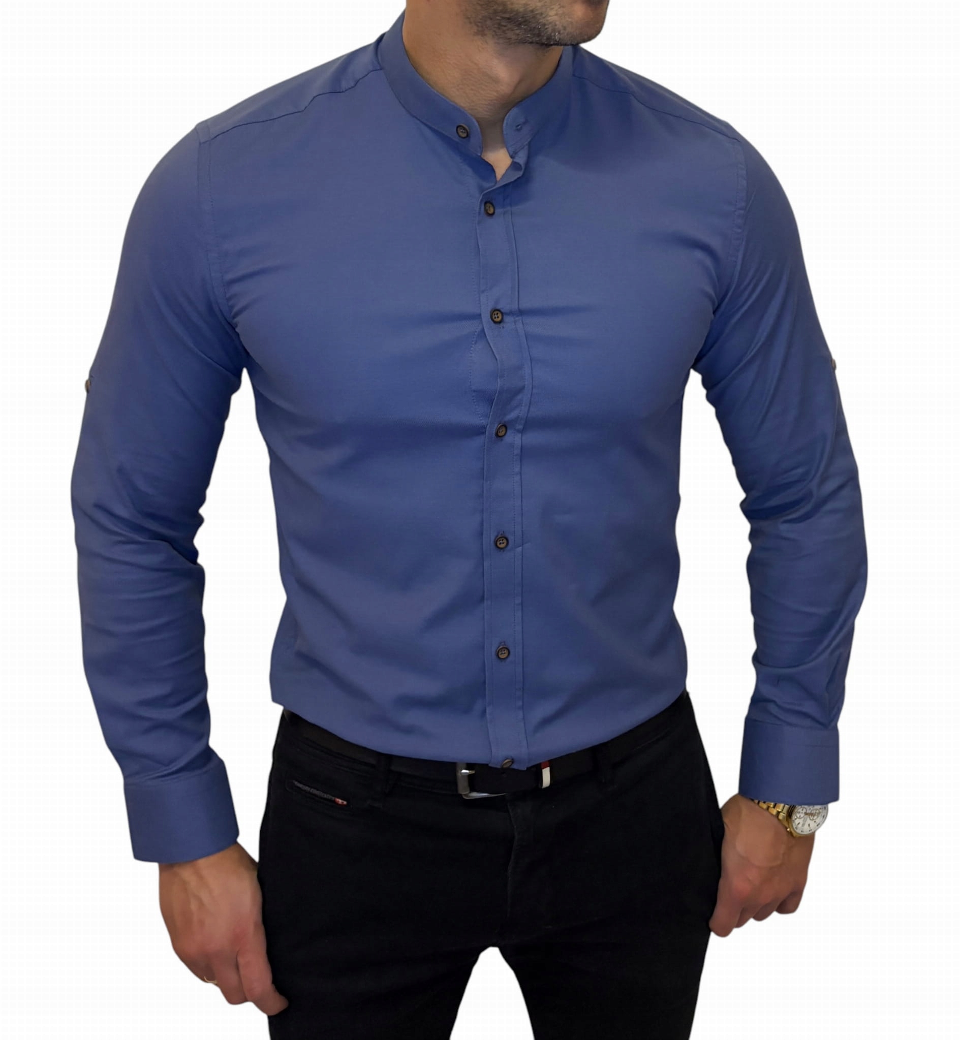 Košile se stojáčkem casual slim fit oxford modrá ESP02 XL