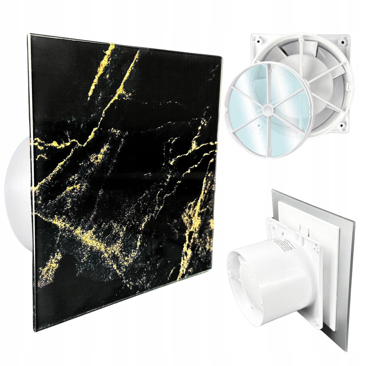 Koupelnový ventilátor dRim fi100 Zpětný Ventil Přední Část Černo zlatý mramor