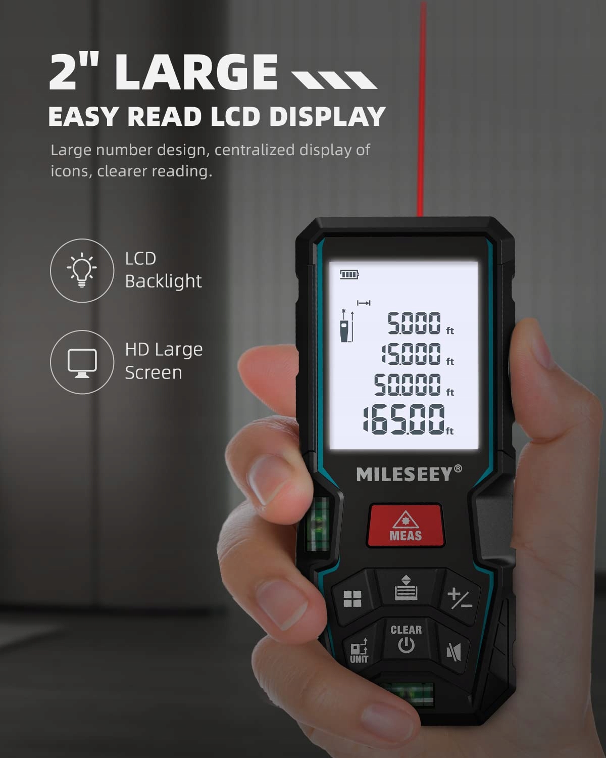 MiLESEEY Dalmierz Laserowy 50M LCD Dokładność 2mm Pomiar Powierzchni — miniatura 5