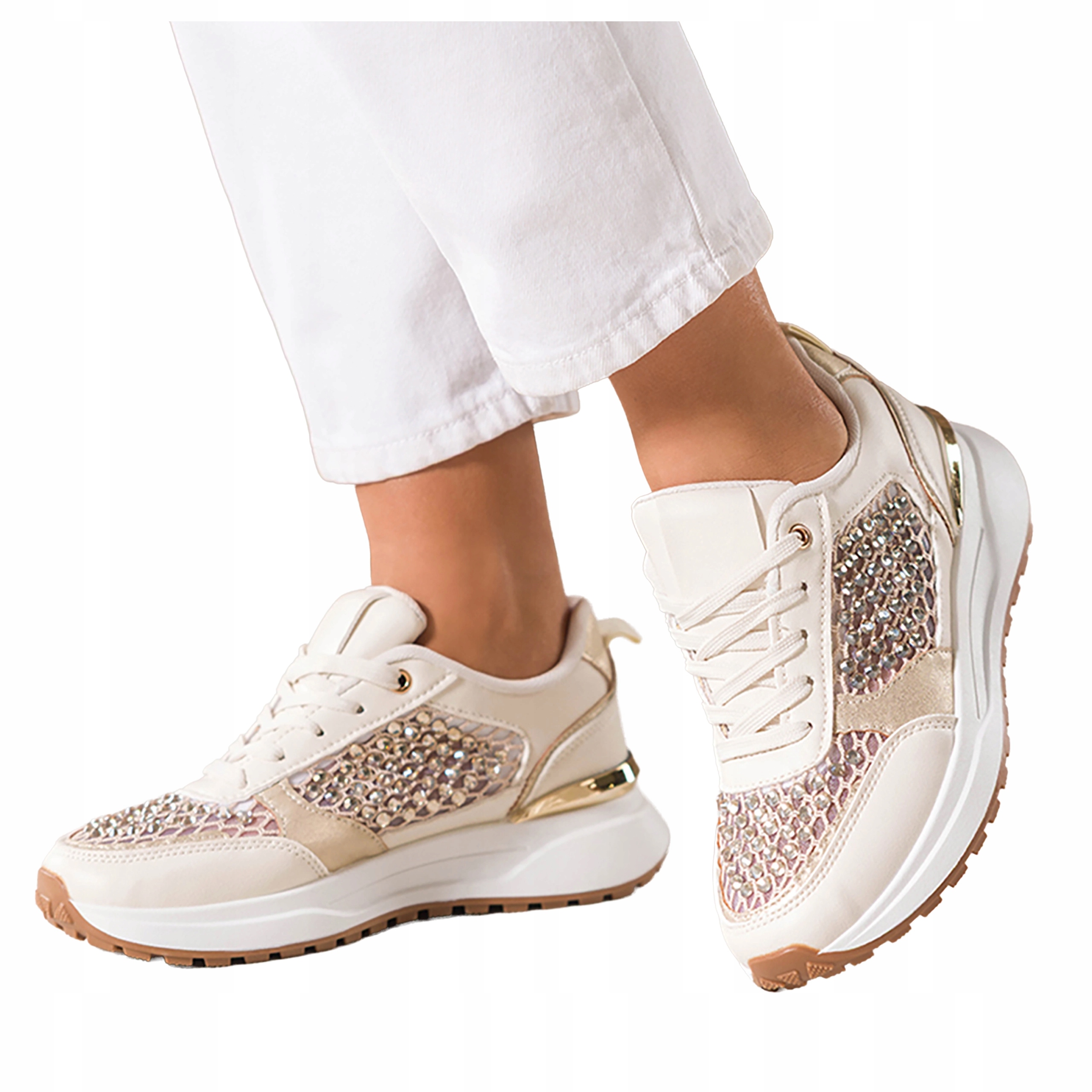 Dámské světle béžové Tenisky Na Platformě, šněrovací, s krystaly, velikost 36