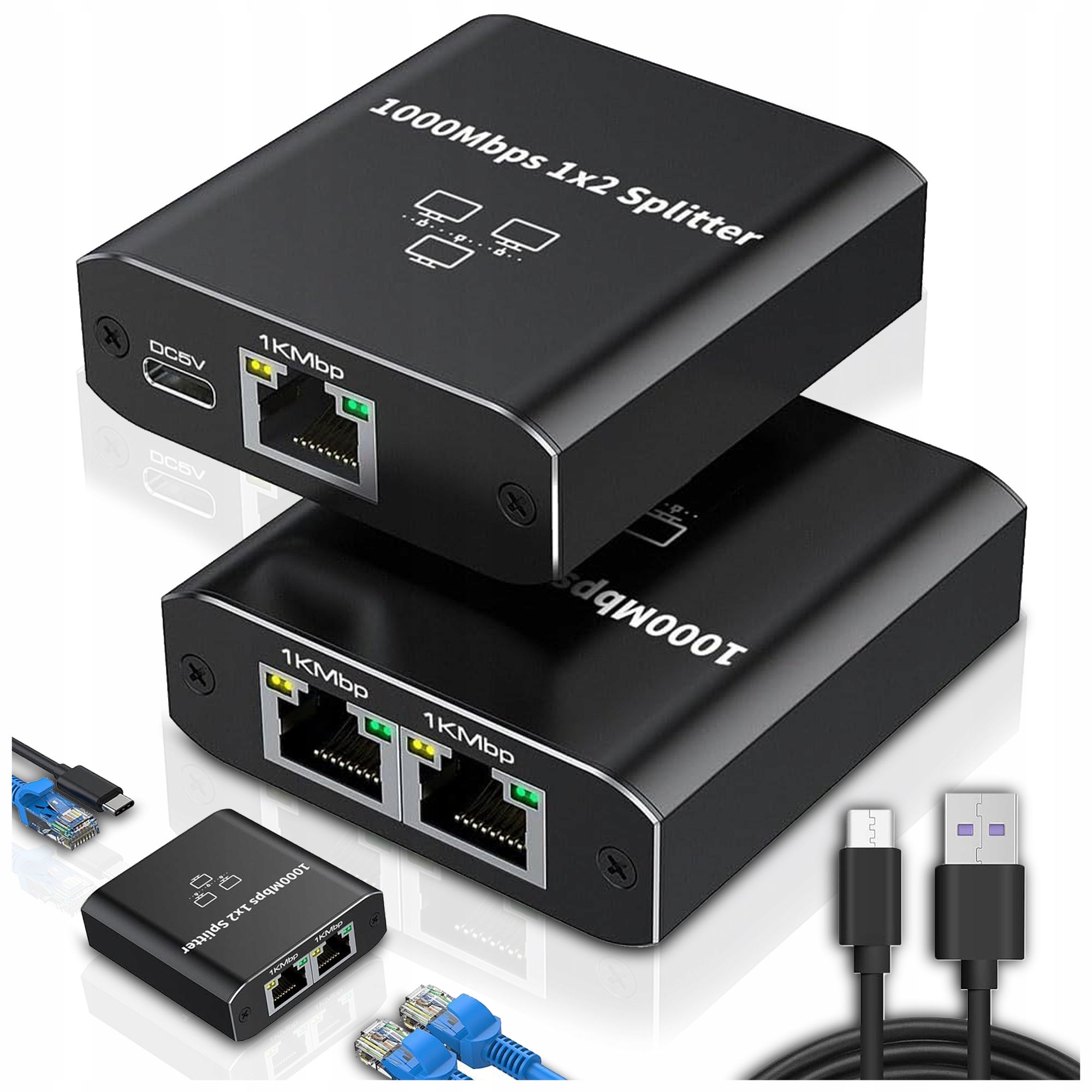 SPLITTER LAN 1x2 SWITCH ROZDZIELACZ ADAPTER 2xRJ45 ETHERNET 1000Mbps mini