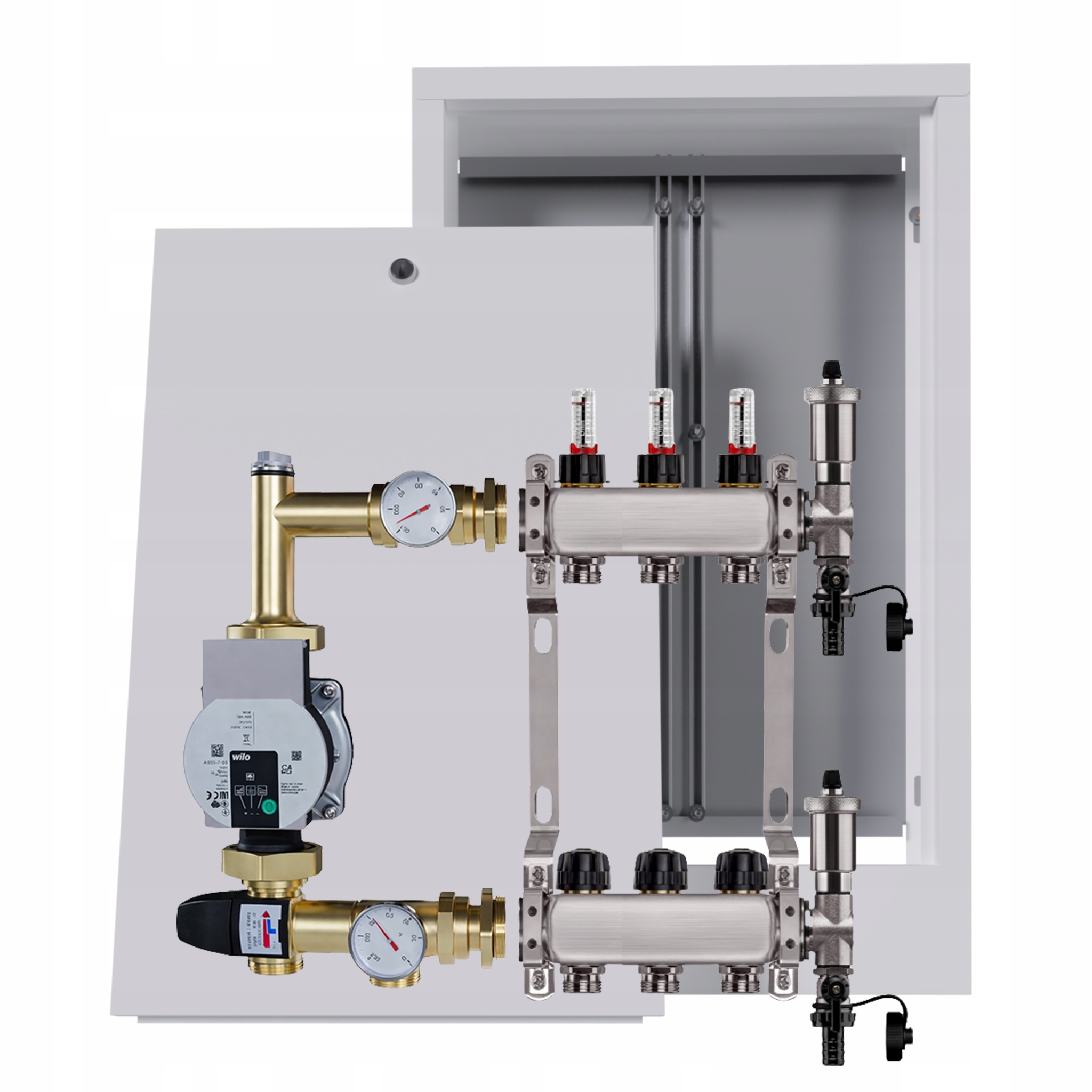 Nerezový rozdělovač pro podlahovku 3 s nástěnným boxem Pumpa Wilo