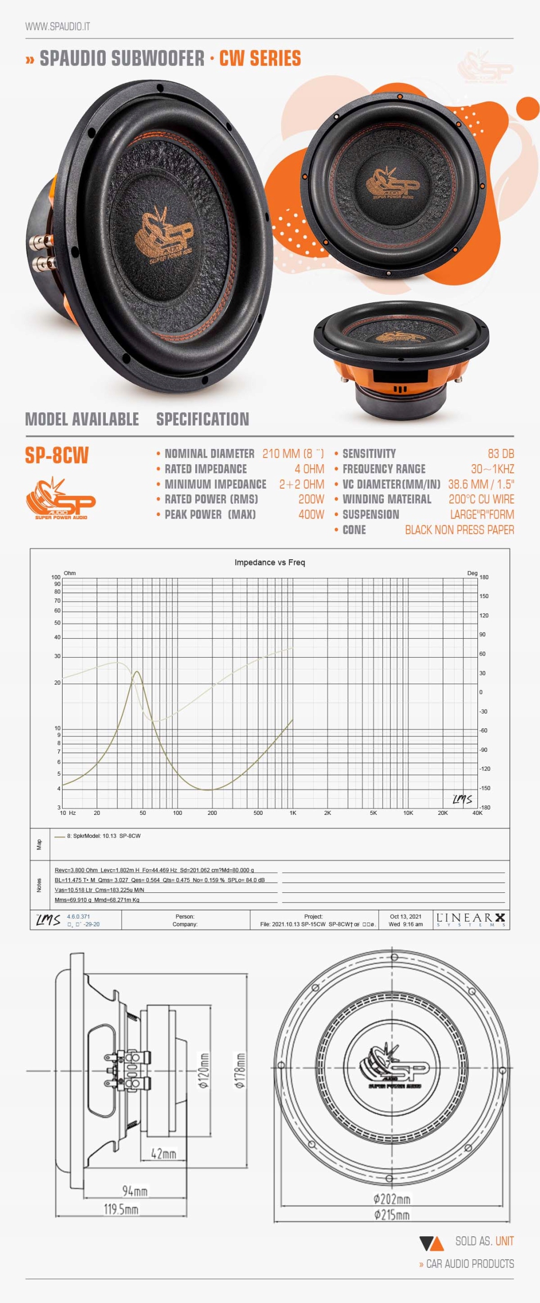 Subwoofer Sp Audio SP-8CW / 200 WATT RMS Model SP8CW