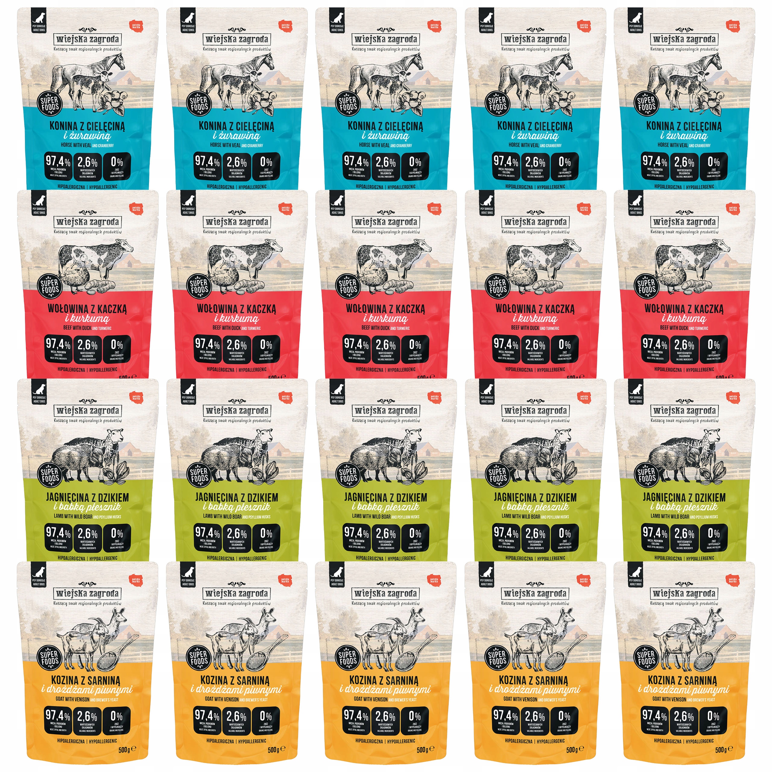 Wiejska Zagroda kompletní krmivo pro psy mix chutí 20 x 500 g