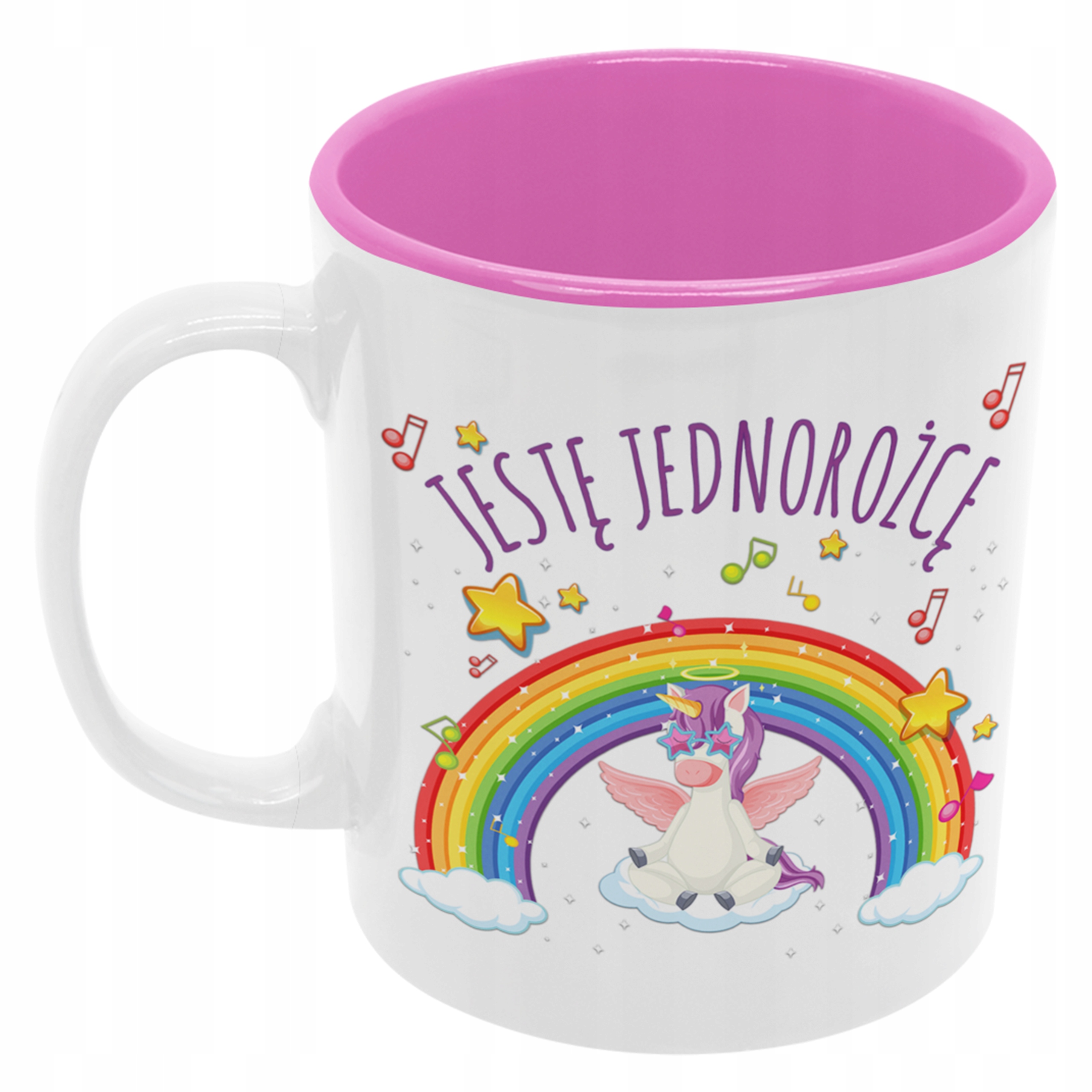 

Śmieszny kubek Jednorożec z jednorożcem różowy