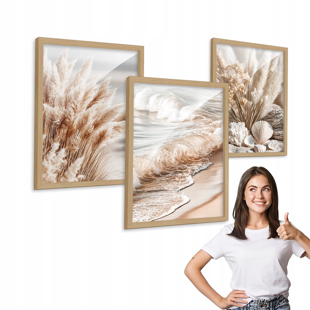 Sada 3 obrazů vzor Boho Mušle Moře dřevěný rámeček 30x40 triptych