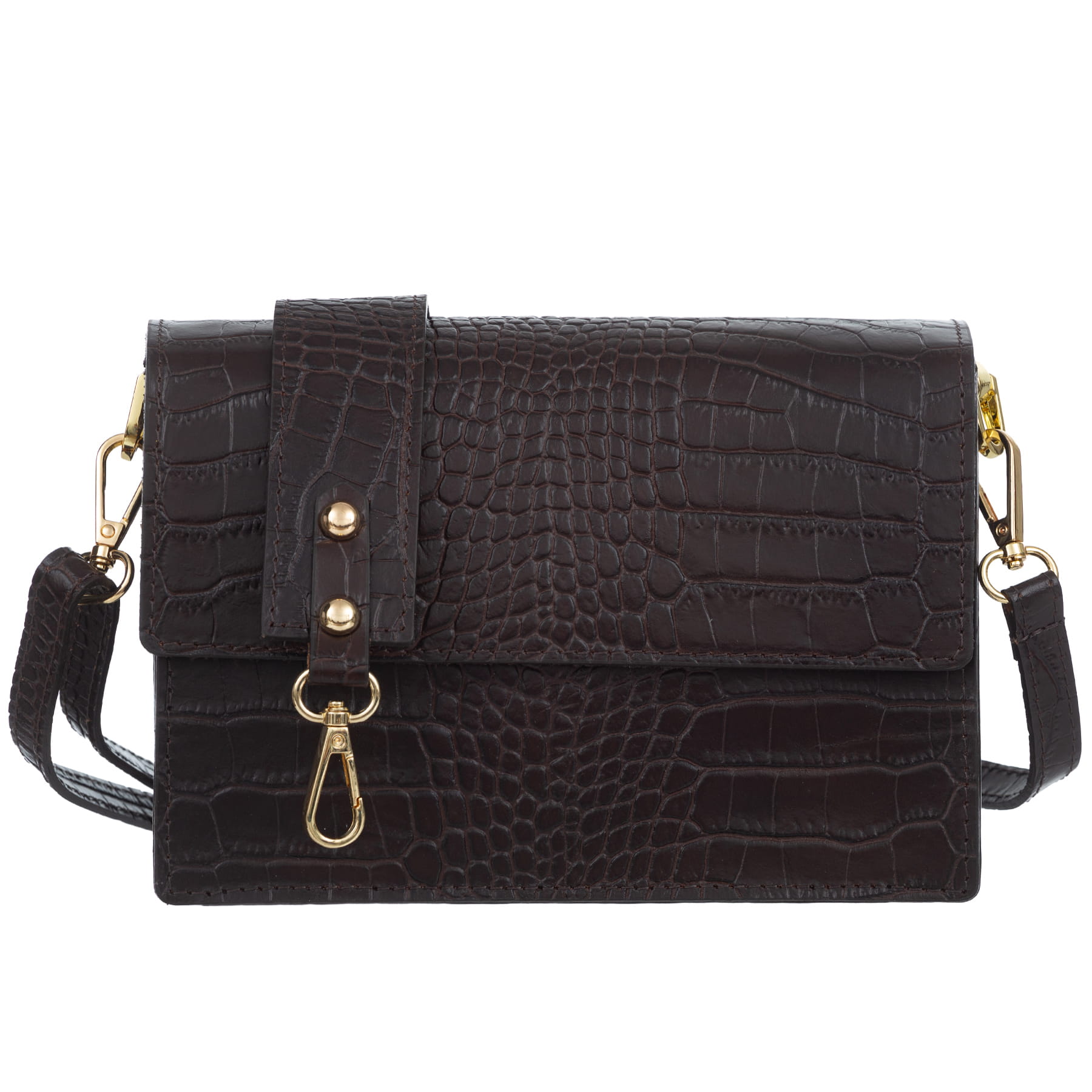 Vera Pelle torebka skórzana listonoszka kroko z klapą i paskiem C.brązowa