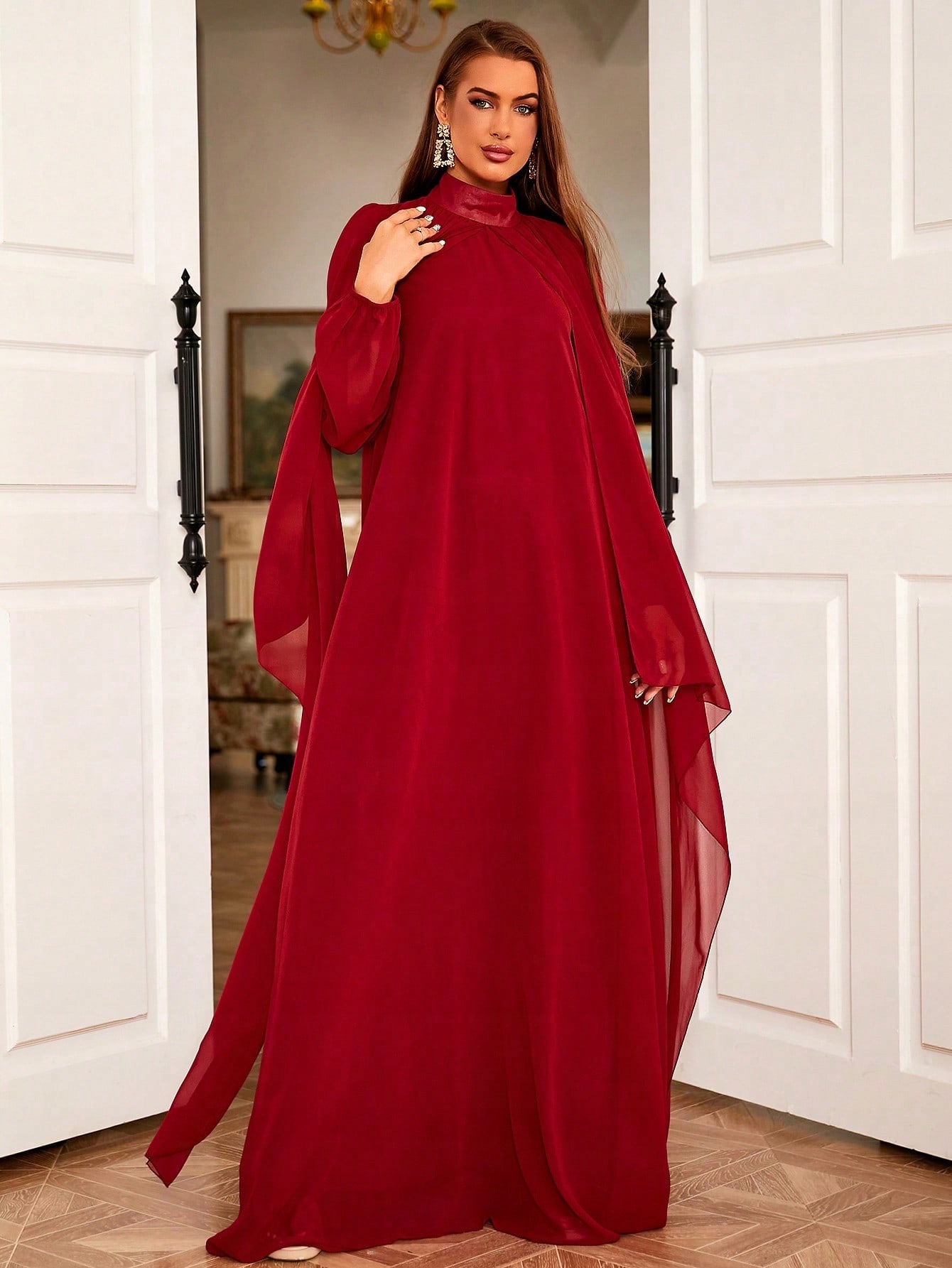 Šaty Červené Maxi S Dlouhým Rukávem Love&lemonade L 40