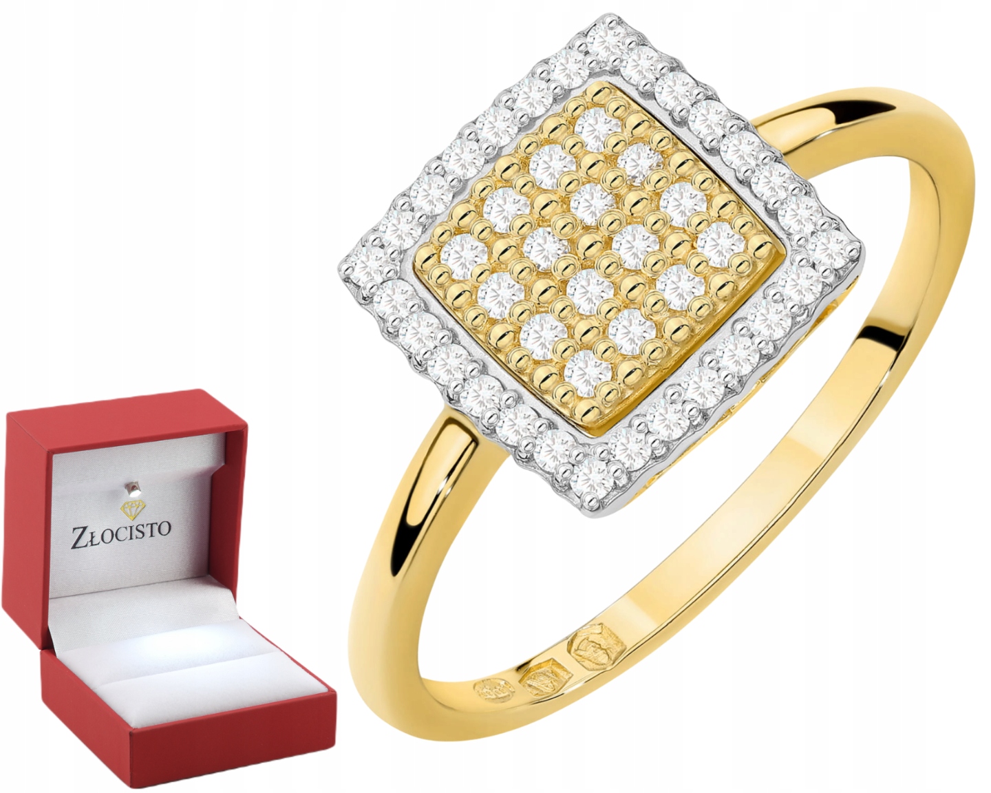 Zlatý Prstýnek Čtverec osazený diamanty s certifikátem a gravírováním