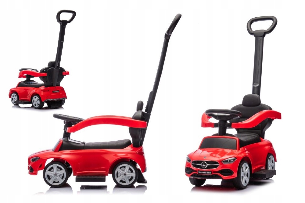 Solidny Jeździk Z Pchaczem Mercedes Z Rączką Pchacz 3W1 Czerwony