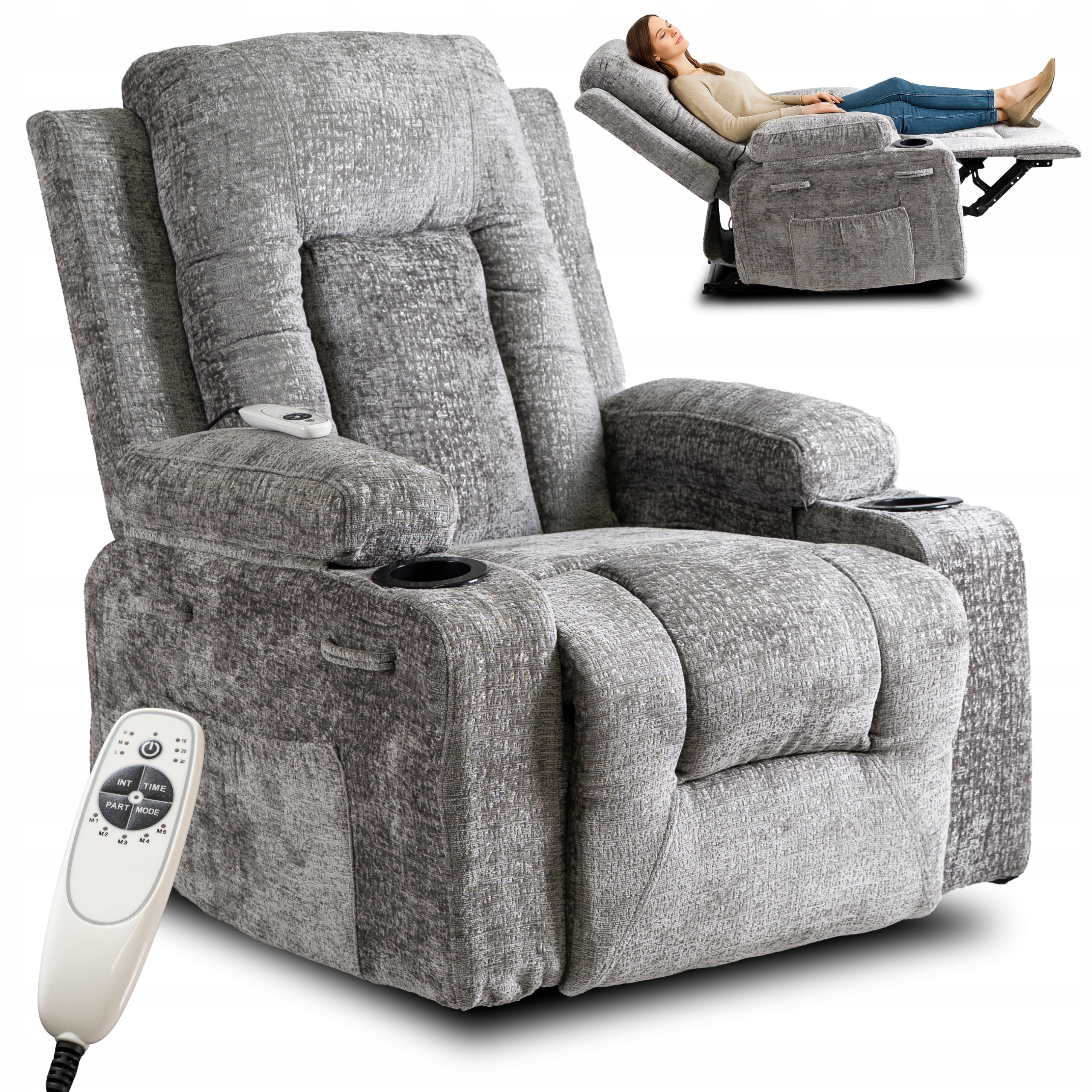 Fotel Masujący Rozkładany Wypoczynkowy z Podnóżkiem Box Szary Welurowy