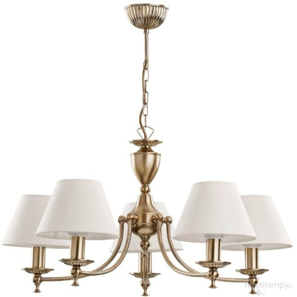 Klasický lustr Sofia Patyna, barva starého zlata, kuželovité stínítko v obývacím pokoji