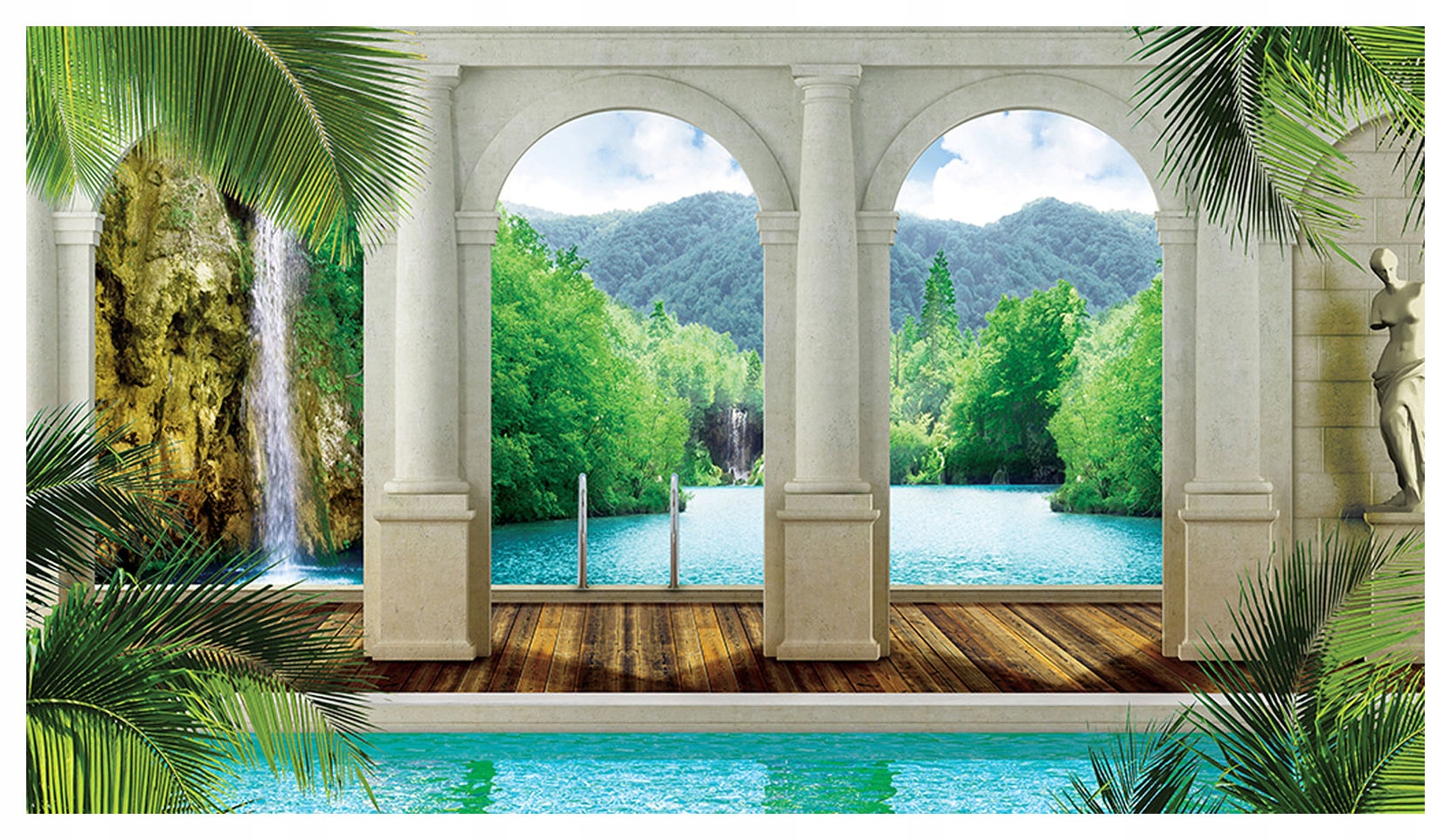 Tapeta Tropický raj hory Vodopád jazero oblúky stĺpy 312x219 vinyl lepidlo