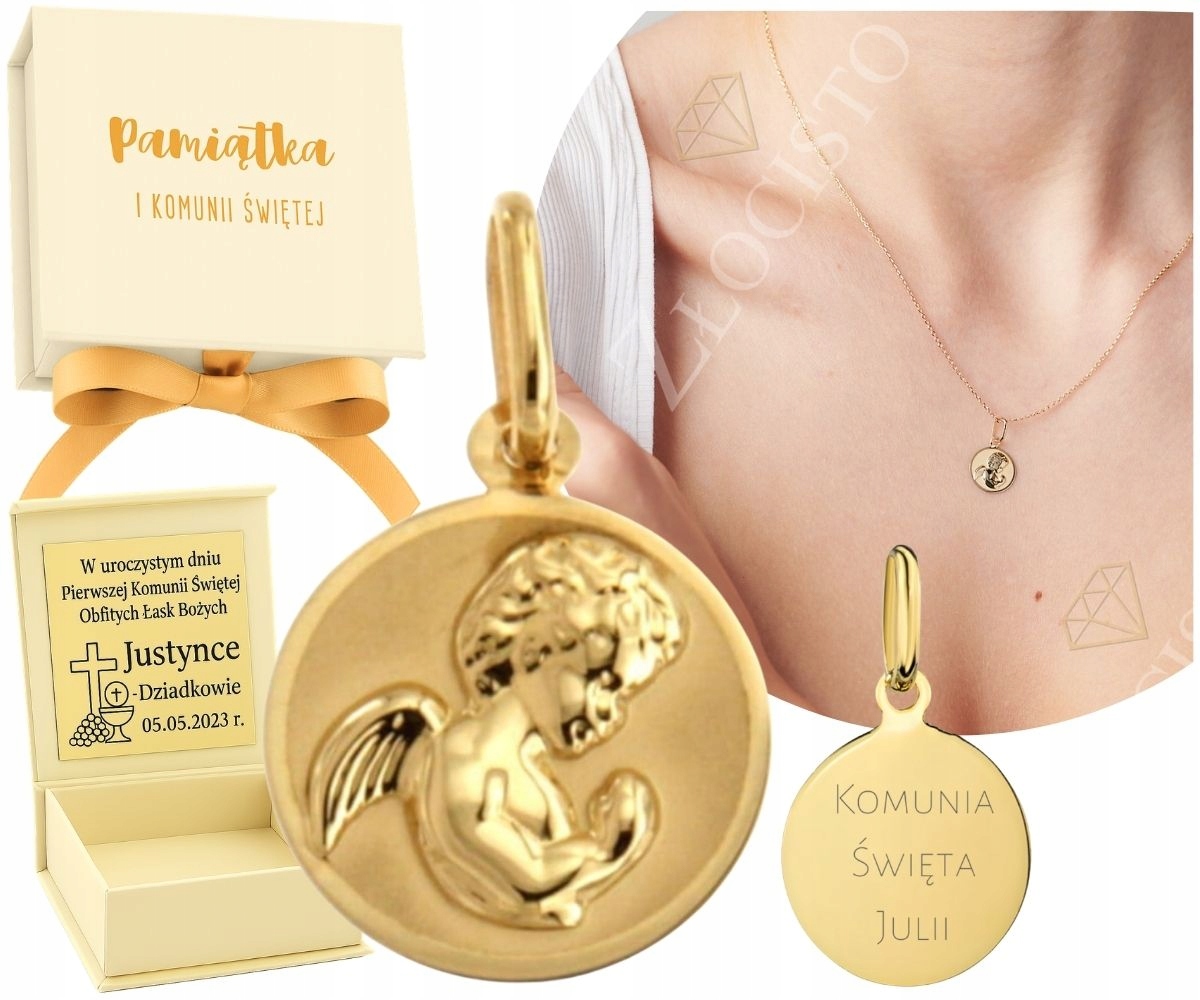 Zlatý Medailonek Přívěsek Anděl modlící se pod Gravírování 585 Dárek Svaté Přijímání