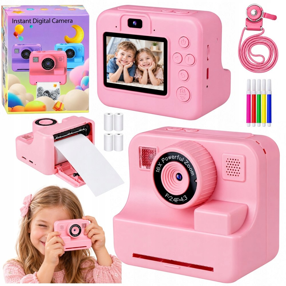 Digitální fotoaparát pro děti s okamžitou tiskárnou 4 válečky Vodítko růžové Le