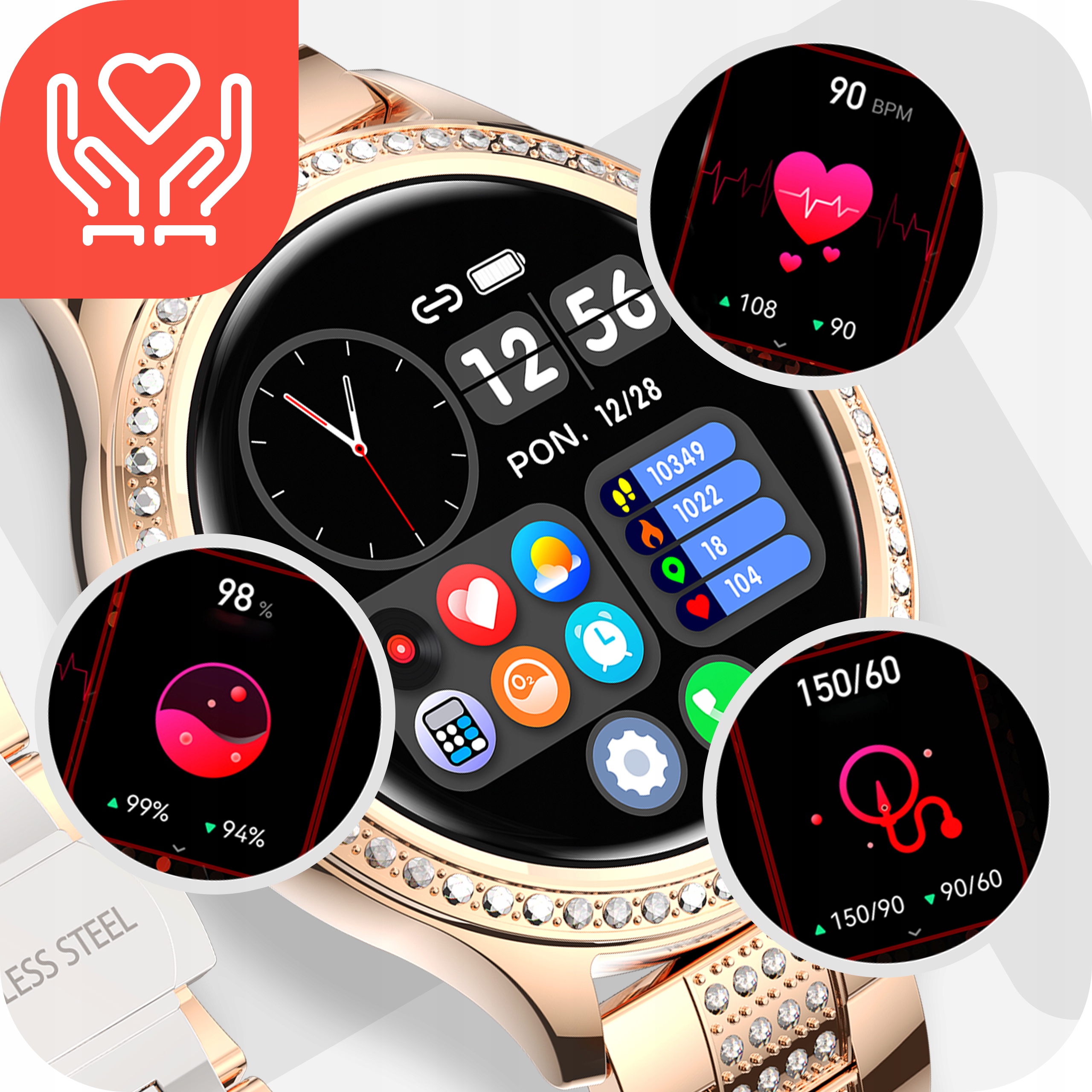 SMARTWATCH DAMSKI ZEGAREK EXCLUSIVE CIŚNIENIE ROZMOWY POWIADOMIENIA MENU PL Typ naręczny