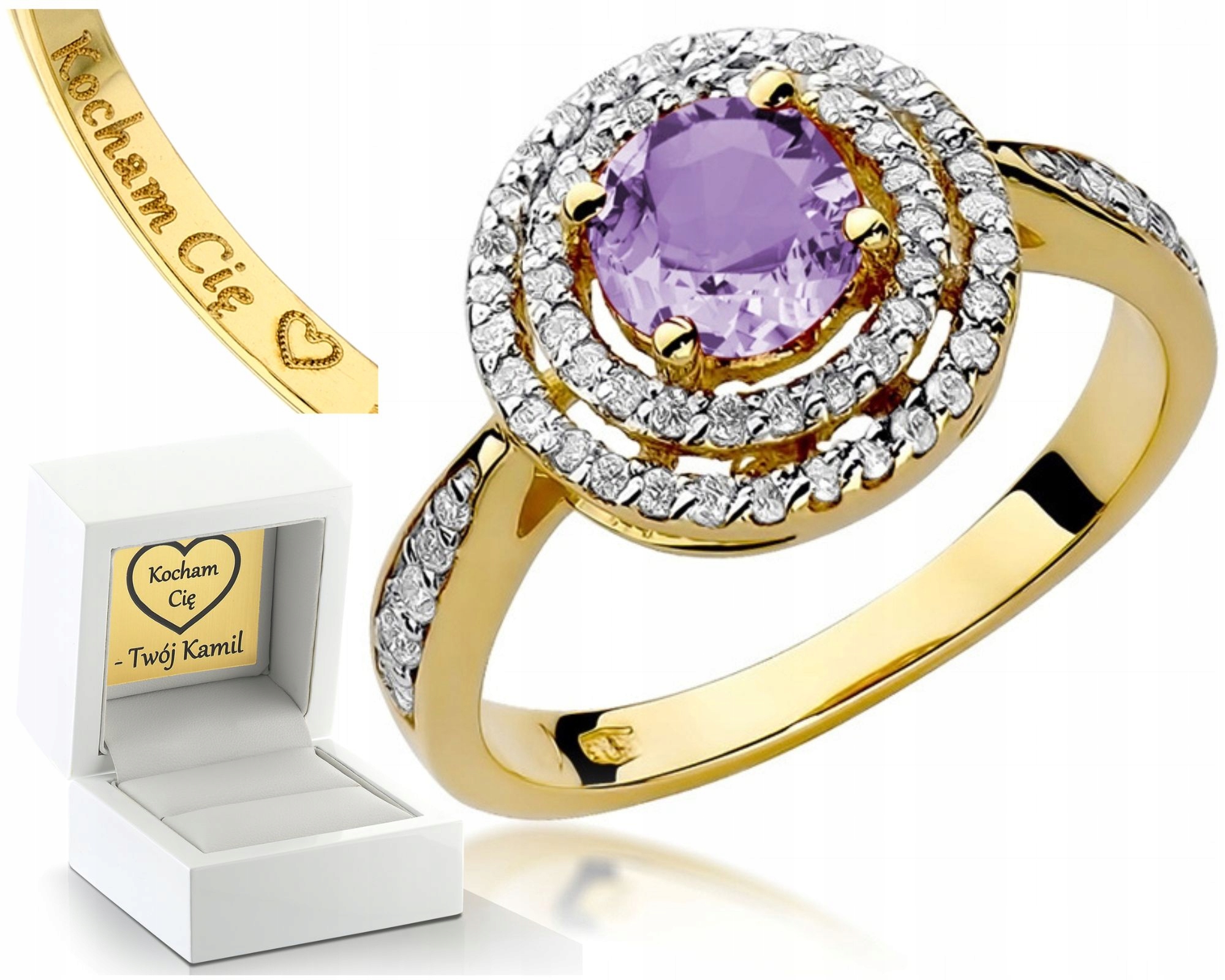 Zlatý Prstýnek Ametyst Brilianty 0,38 Ct Gravírování