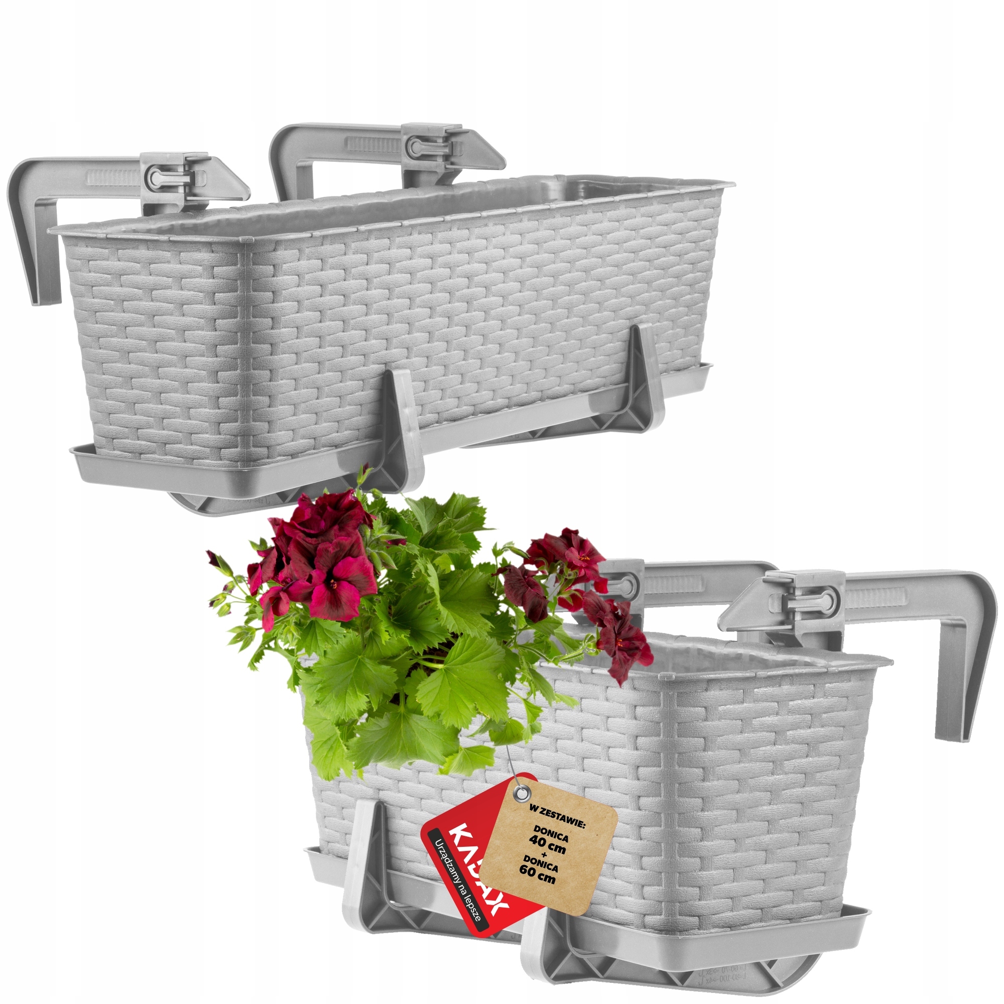 Balkonový Truhlík 40+60 cm Květináč Květináč Podstavec Úchytky 2ks
