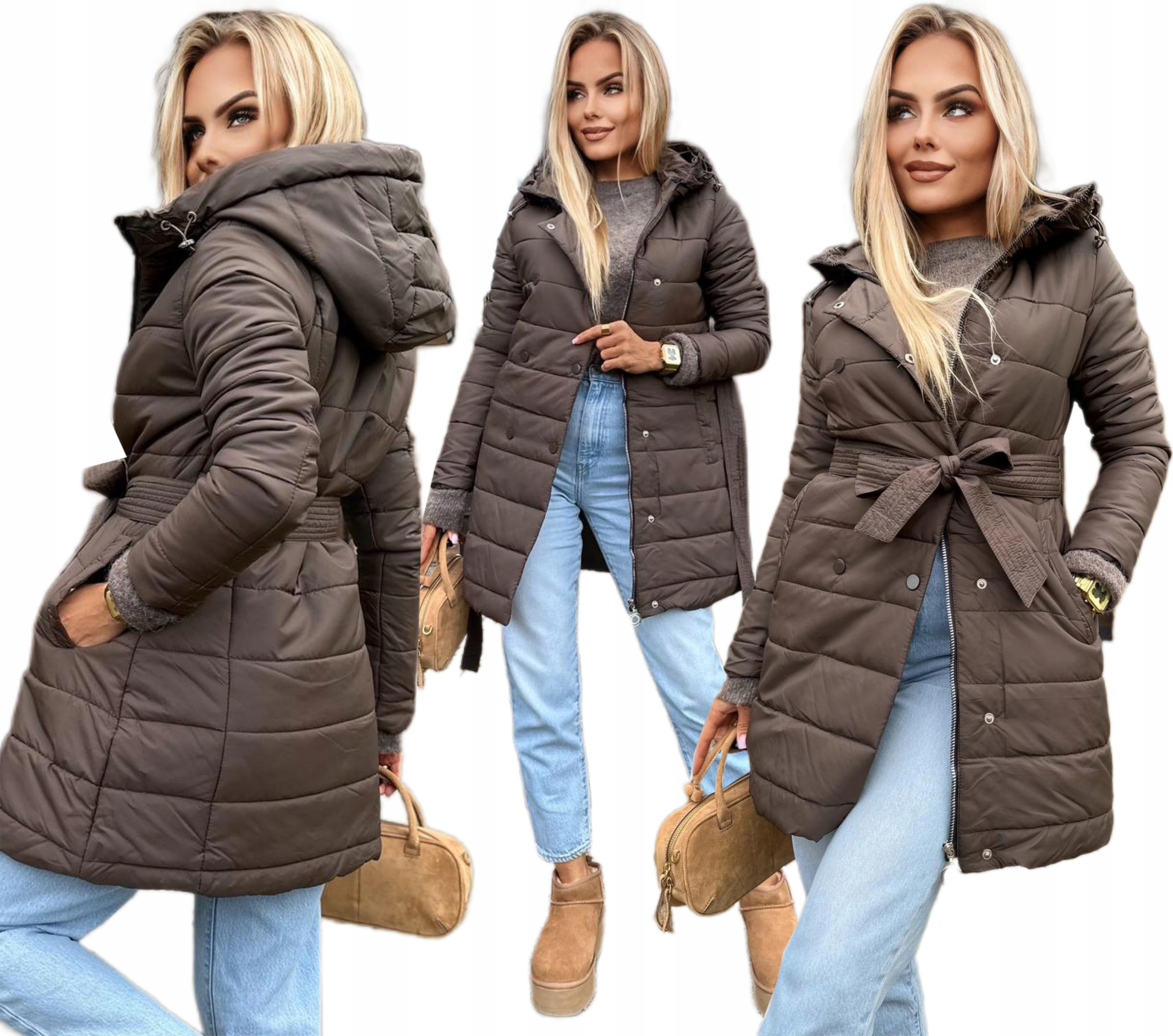 Čokoládová zimní bunda dámská dlouhá prošívaná klasická pásek 52 Jagna