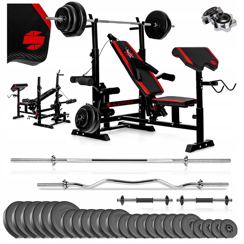 Siłownia zestaw Kulturystyczny Sapphire 167kg Ławka gryf Obciążenia hantle