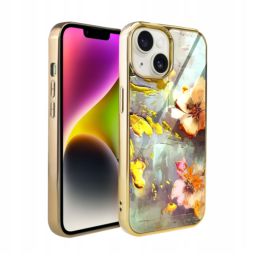 Pouzdro pro iPhone 14 Ibizu Elite Glass, skleněná zadní strana, květiny se zlatem, zlaté