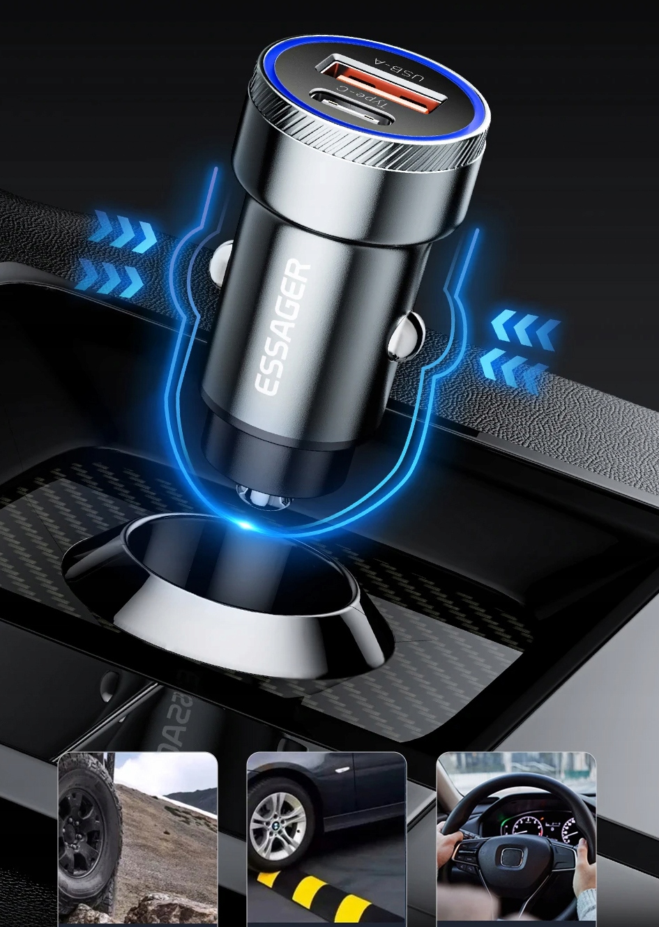 SZYBKA MOCNA Ładowarka Samochodowa USB 54W do zapalniczki QC3.0 PD USB-C Zgodność ze standardem Quick Charge 1.0 Quick Charge 2.0 Quick Charge 3.0