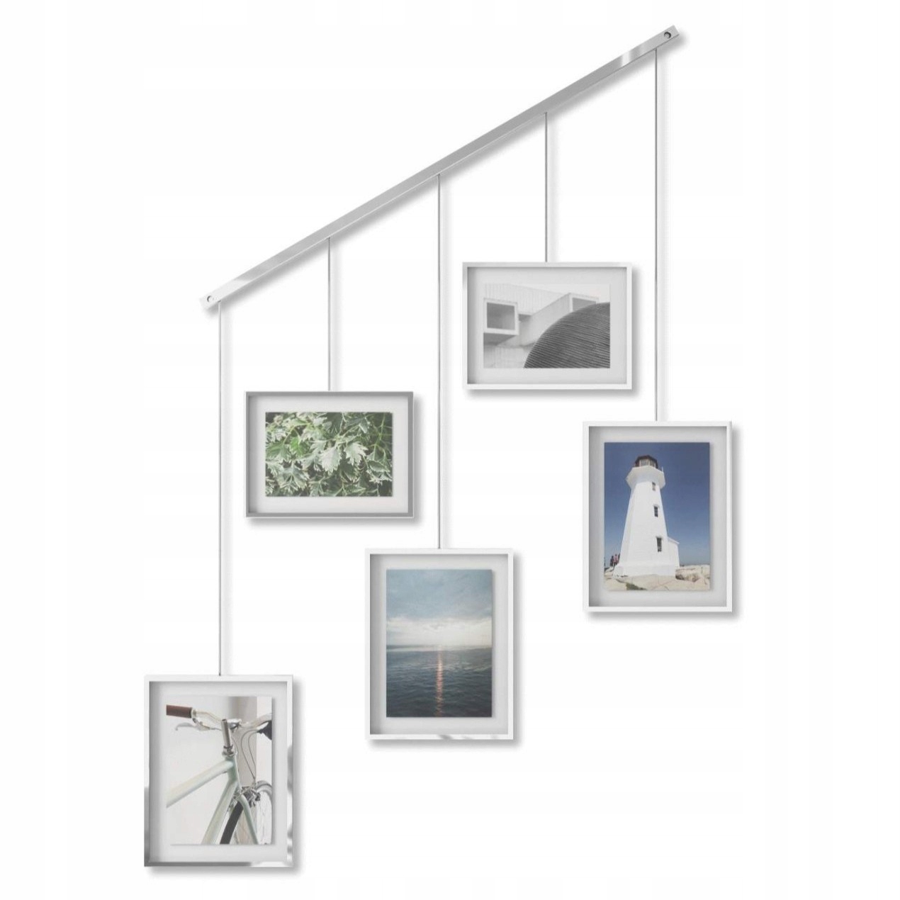 Závěsné fotorámečky stříbrné, sada 5 rámečků na zeď do obývacího pokoje Exhibit