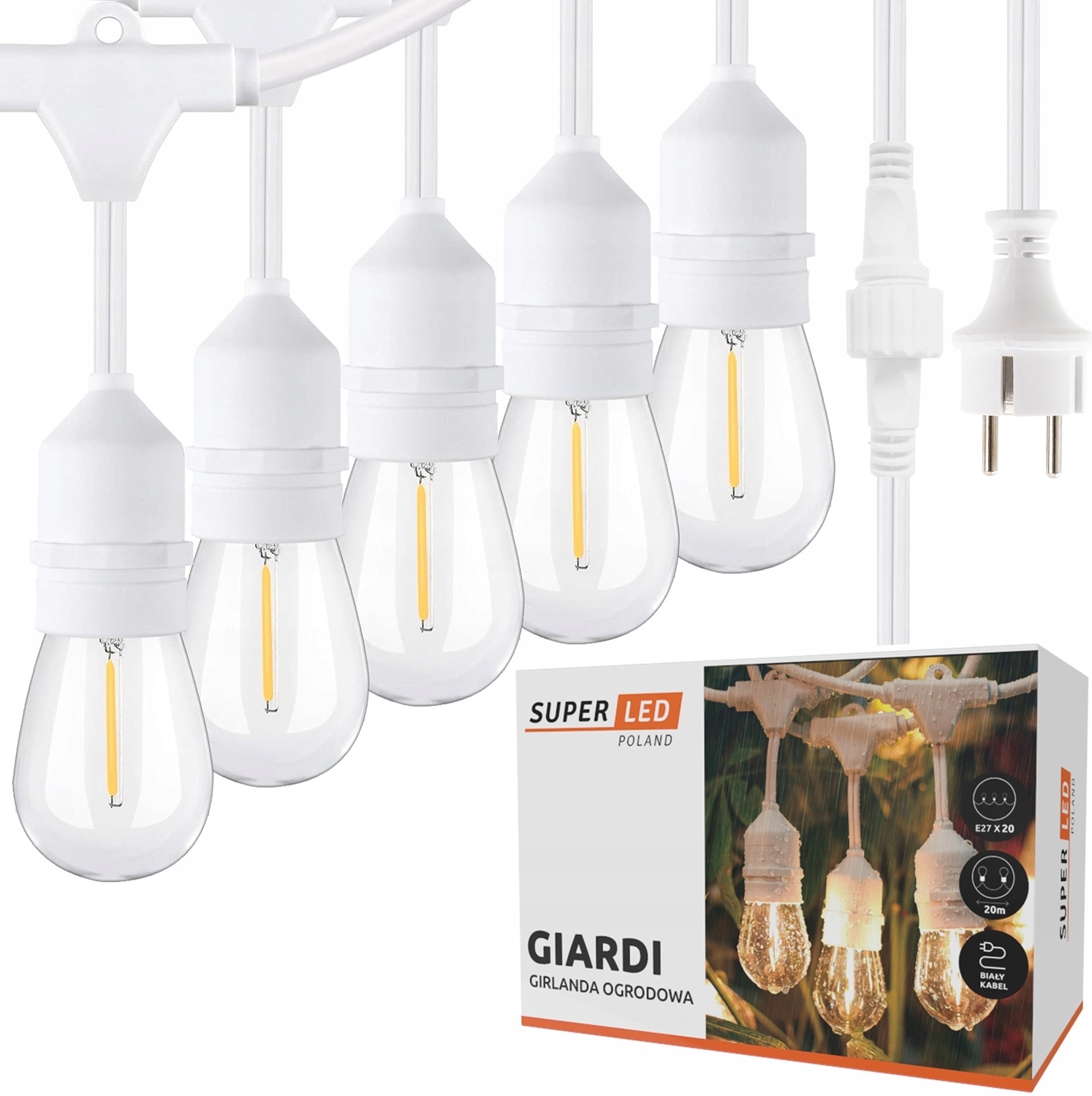 Venkovní zahradní girlanda Řetěz Bílý 20 m 20 x Led žárovka E27 Svatba