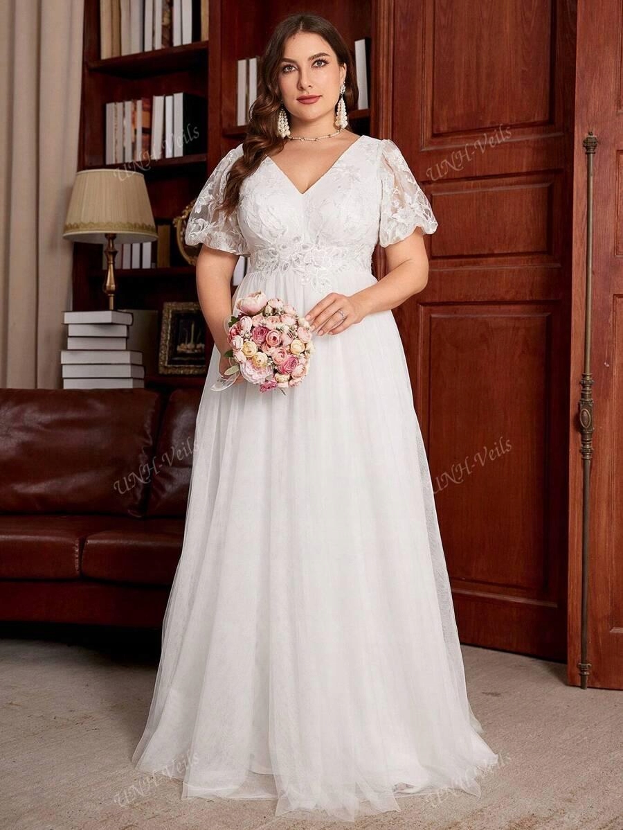 KU617 Shein Bílá Krajková Svatební Šaty Zdobené Flitry (43) 46