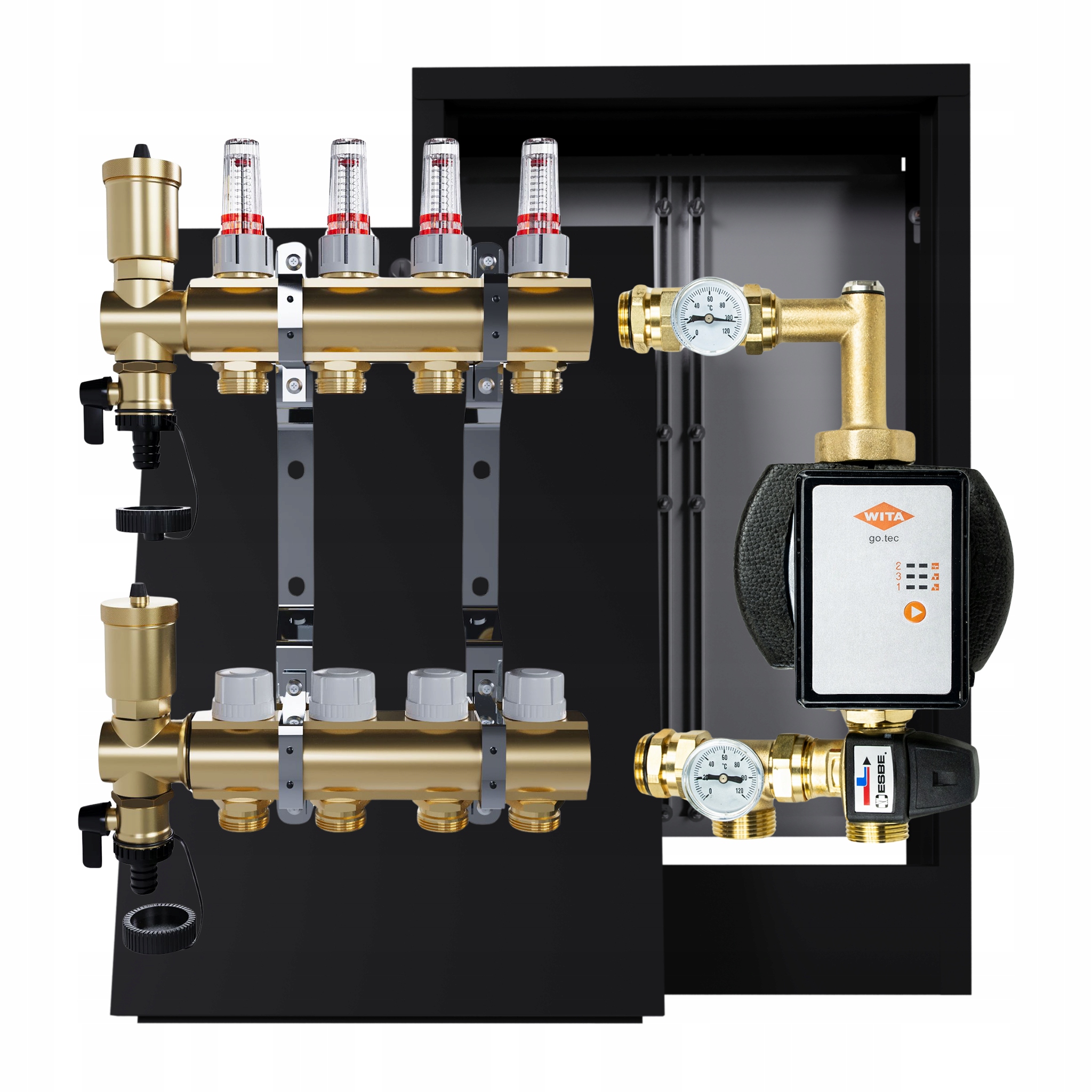 Rozdělovač pro podlahu se 4 okruhy s čerpací skupinou Wita nástěnná skříňka