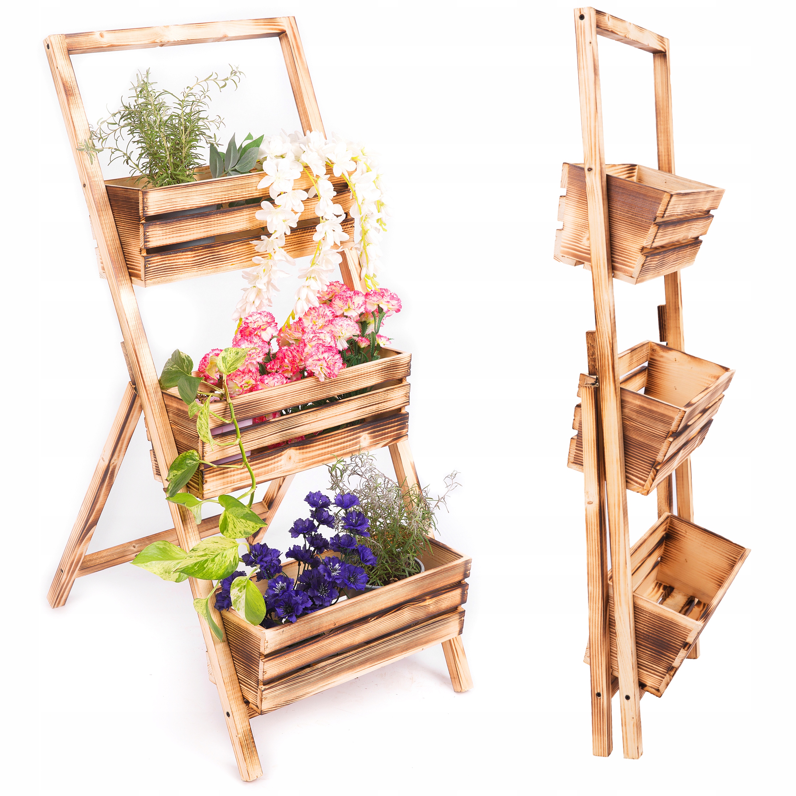 Květinový Stojan Dřevěný na Květiny Žebřík Zahradní Stojící na terasu